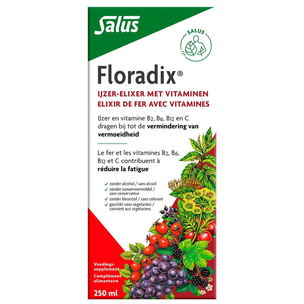 Rode verpakking met Salus Floradix®. Opschrift: IJzer-elixer met vitaminen. 250 ml. Illustratie van fruit en kruiden.