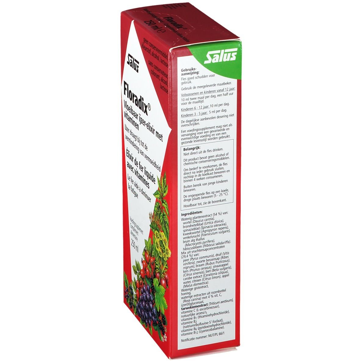 Rode verpakking Salus Floradix®. Zijaanzicht met tekst en illustraties van fruit en kruiden. 250 ml.