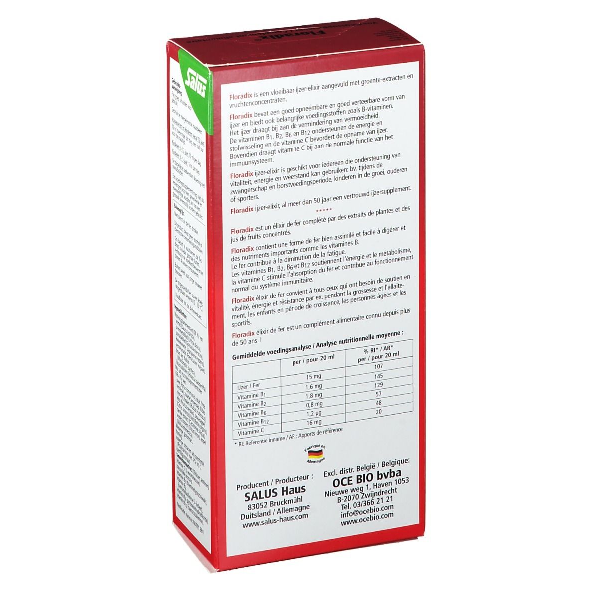 Rode verpakking Salus Floradix®. Achterkant met tekst, voedingsanalyse en fabrikantinfo. 250 ml.