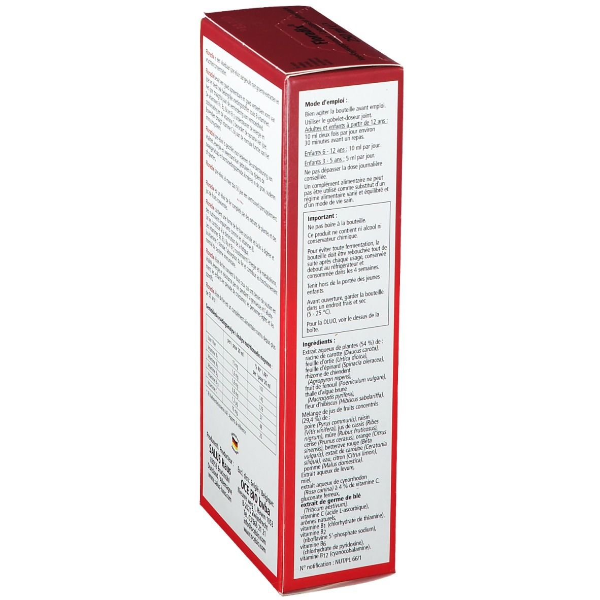Rode verpakking Salus Floradix®. Zijaanzicht met tekst, dosering en ingrediënten. 250 ml.