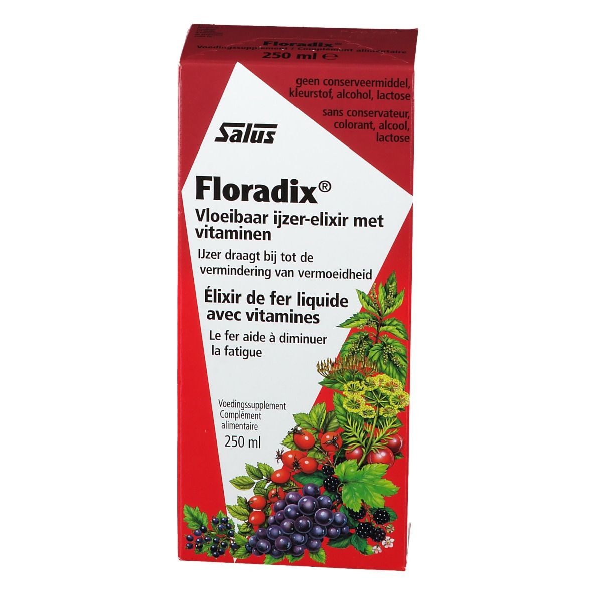 Rode verpakking met Salus Floradix®. Opschrift: Vloeibaar ijzer-elixer met vitaminen. 250 ml. Afbeelding van fruit en kruiden.