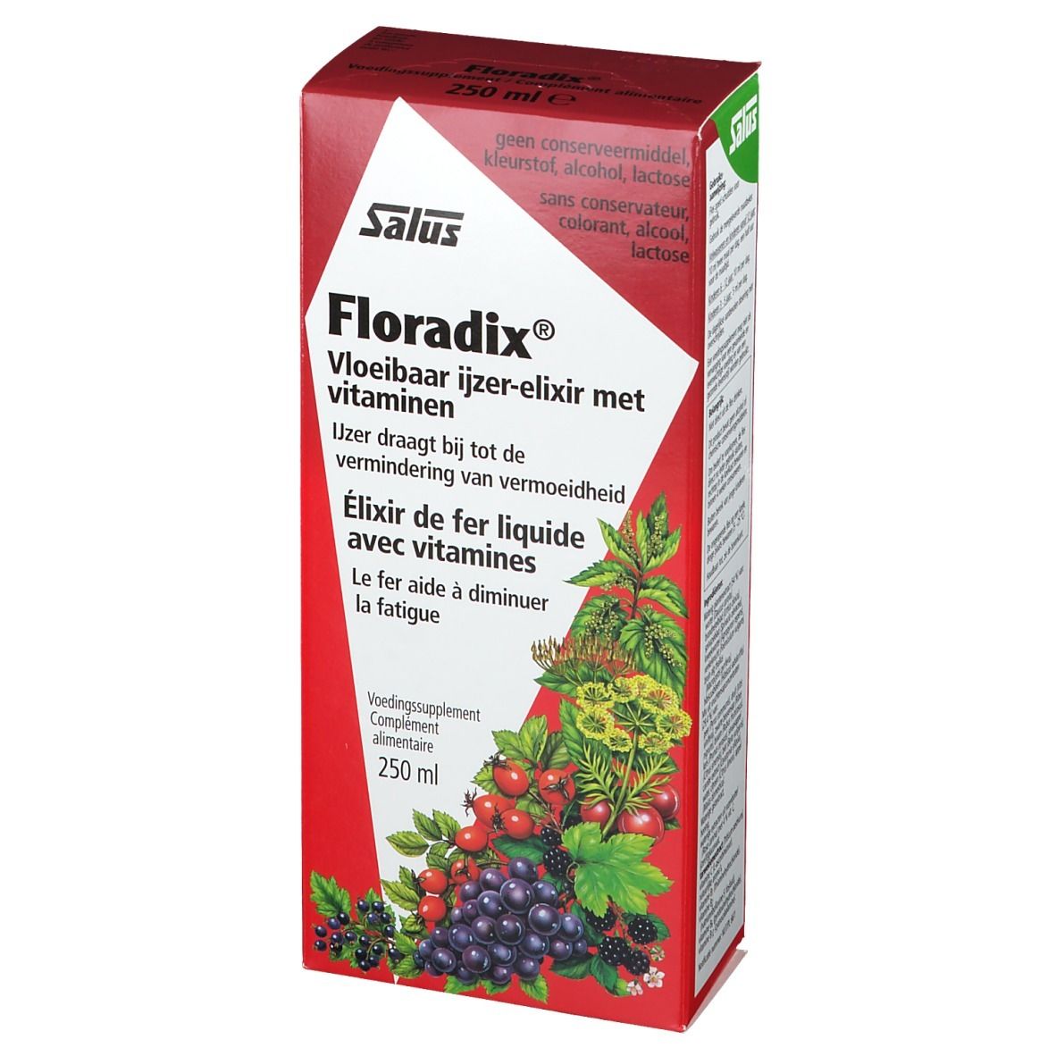 Rode verpakking met Salus Floradix®. Opschrift: Vloeibaar ijzer-elixer met vitaminen. 250 ml. Afbeelding van fruit en kruiden.