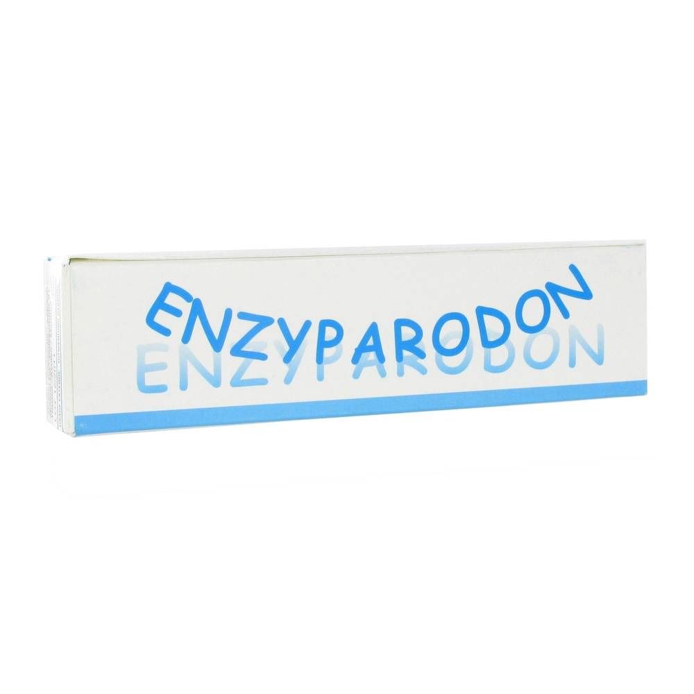 Boîte blanche avec inscription bleue ENZYPARODON. Ligne bleue en bas. Emballage du produit.
