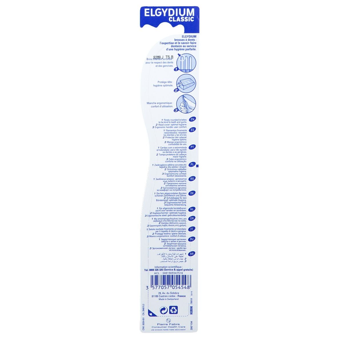 Verpackung einer Elgydium Classic Zahnbürste mit Anwendungsanleitung.