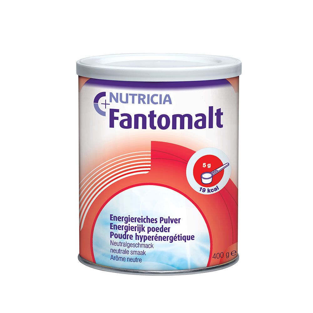 Boîte Nutricia Fantomalt, couvercle blanc, fond rouge et blanc. Inscription : Nutricia, Fantomalt, 400g.