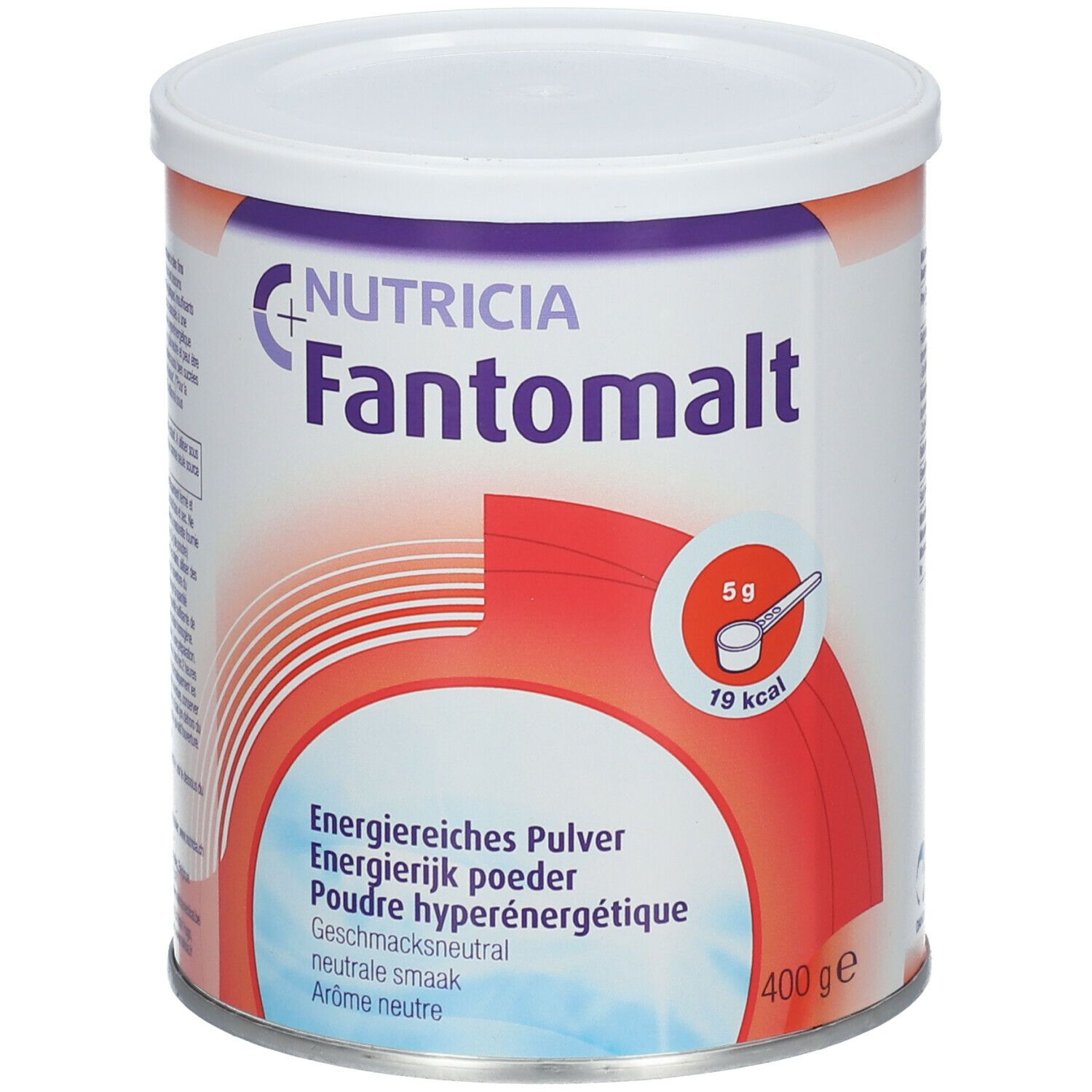Boîte Nutricia Fantomalt, couvercle blanc, fond rouge et blanc. Inscription : Nutricia, Fantomalt, 400g.