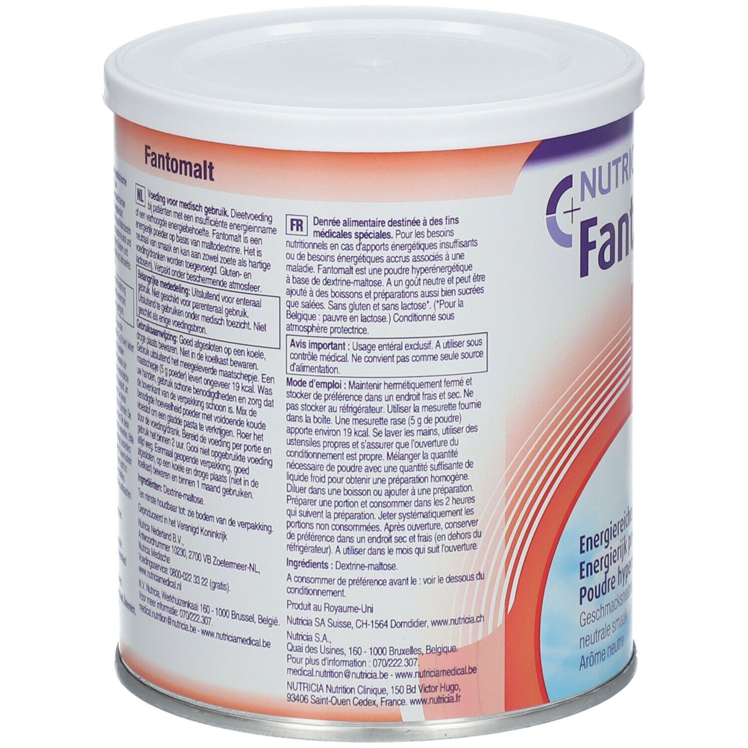 Dos de la boîte Nutricia Fantomalt. Texte en plusieurs langues. Contient des informations sur l'utilisation et les ingrédients.