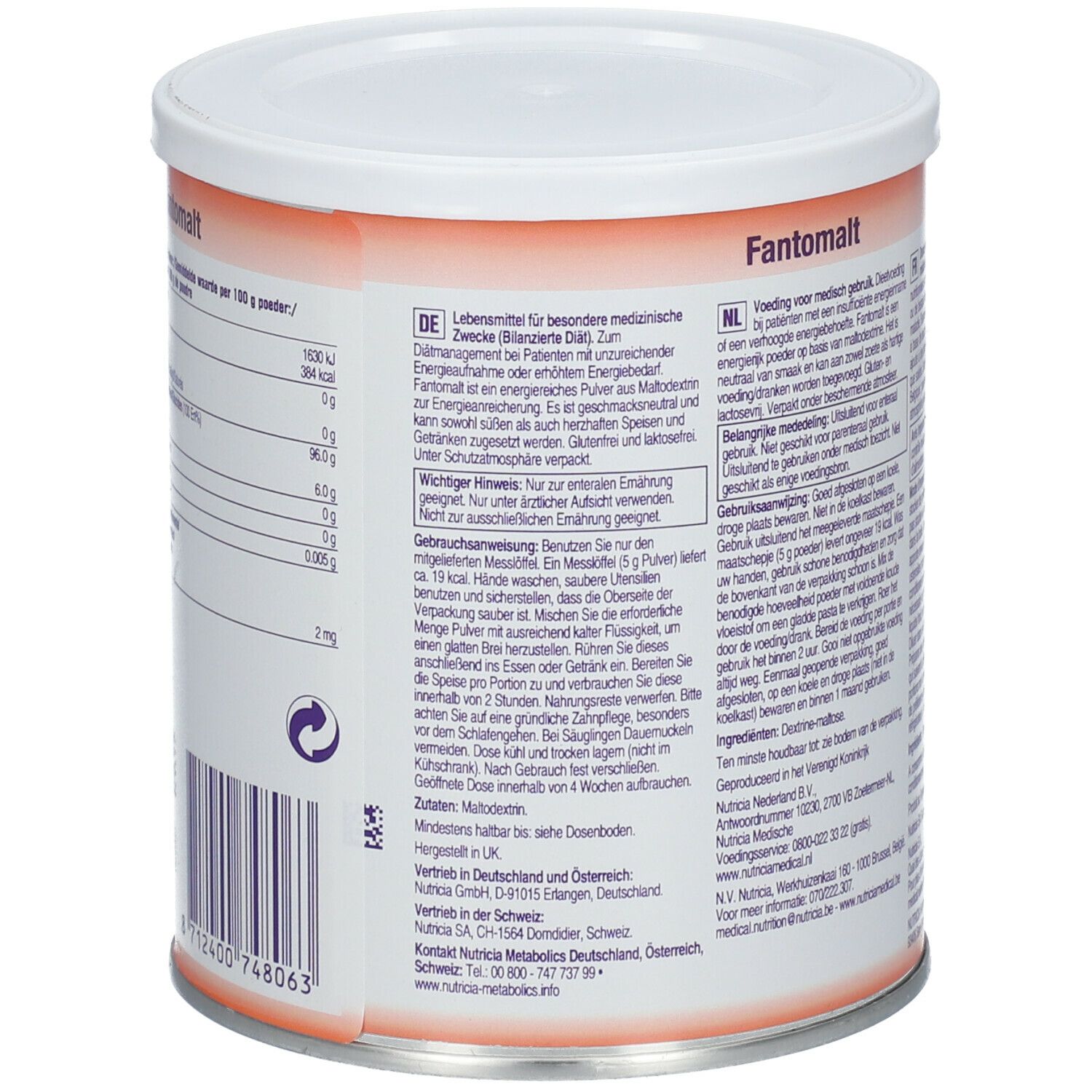 Dos de la boîte Nutricia Fantomalt. Informations nutritionnelles et autres informations en plusieurs langues.