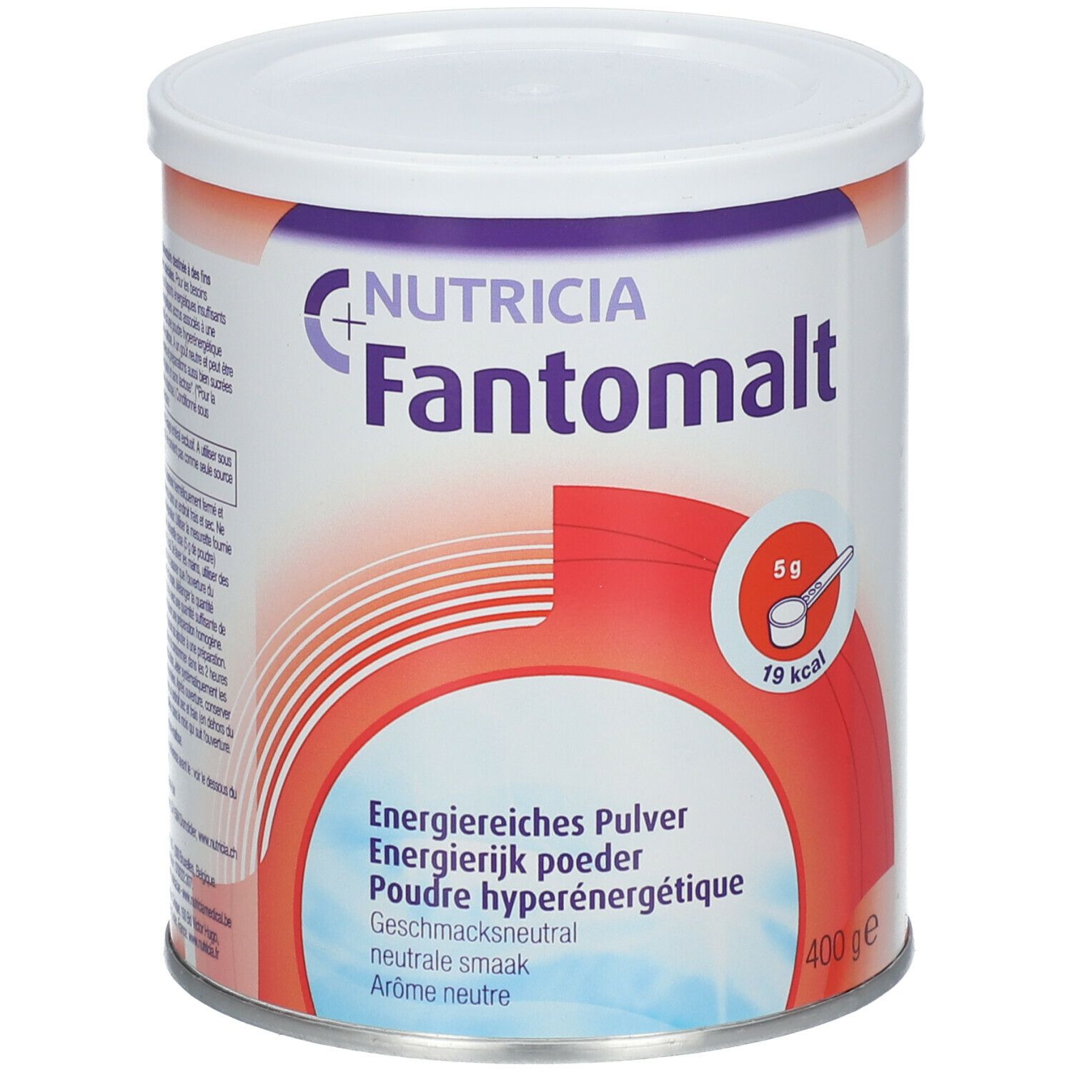 Boîte Nutricia Fantomalt, couvercle blanc, fond rouge et blanc. Inscription : Nutricia, Fantomalt, 400g.