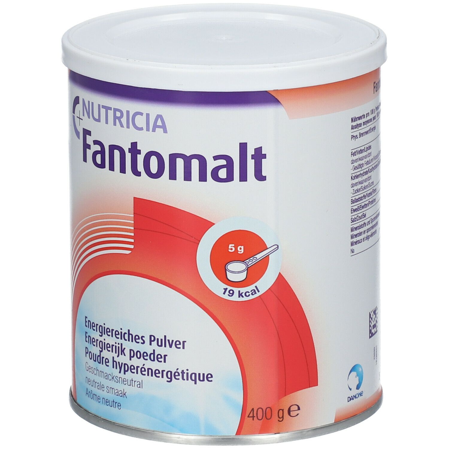 Boîte Nutricia Fantomalt, couvercle blanc, fond rouge et blanc. Inscription : Nutricia, Fantomalt, 400g.