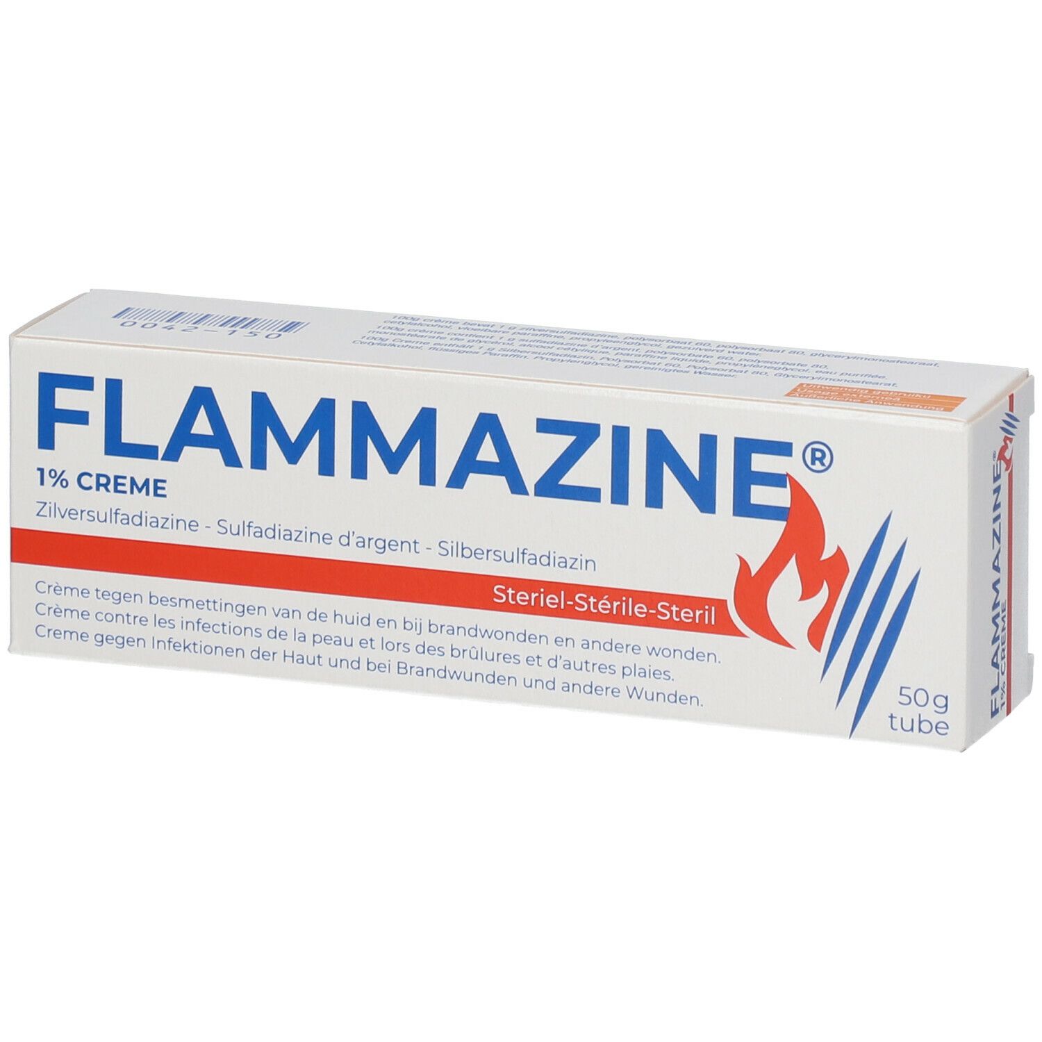 Doosje Flammazine crème. Opschrift: 1% crème, zilver sulfadiazine. Vlammenlogo. 50g tube.