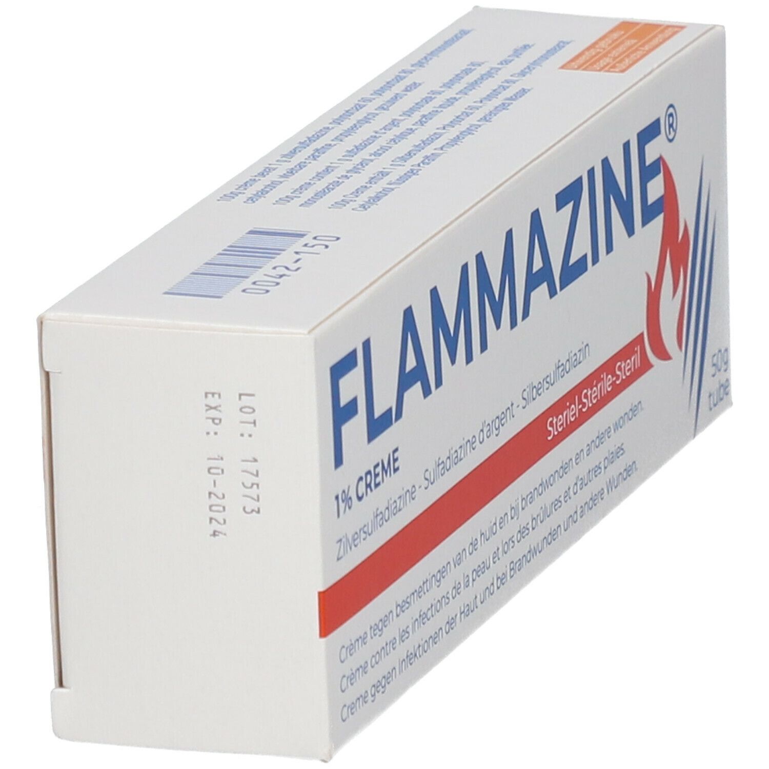 Schuin geplaatst doosje Flammazine. Opschrift: 1% crème, zilver sulfadiazine. Vlammenlogo. Houdbaar tot 10-2024.