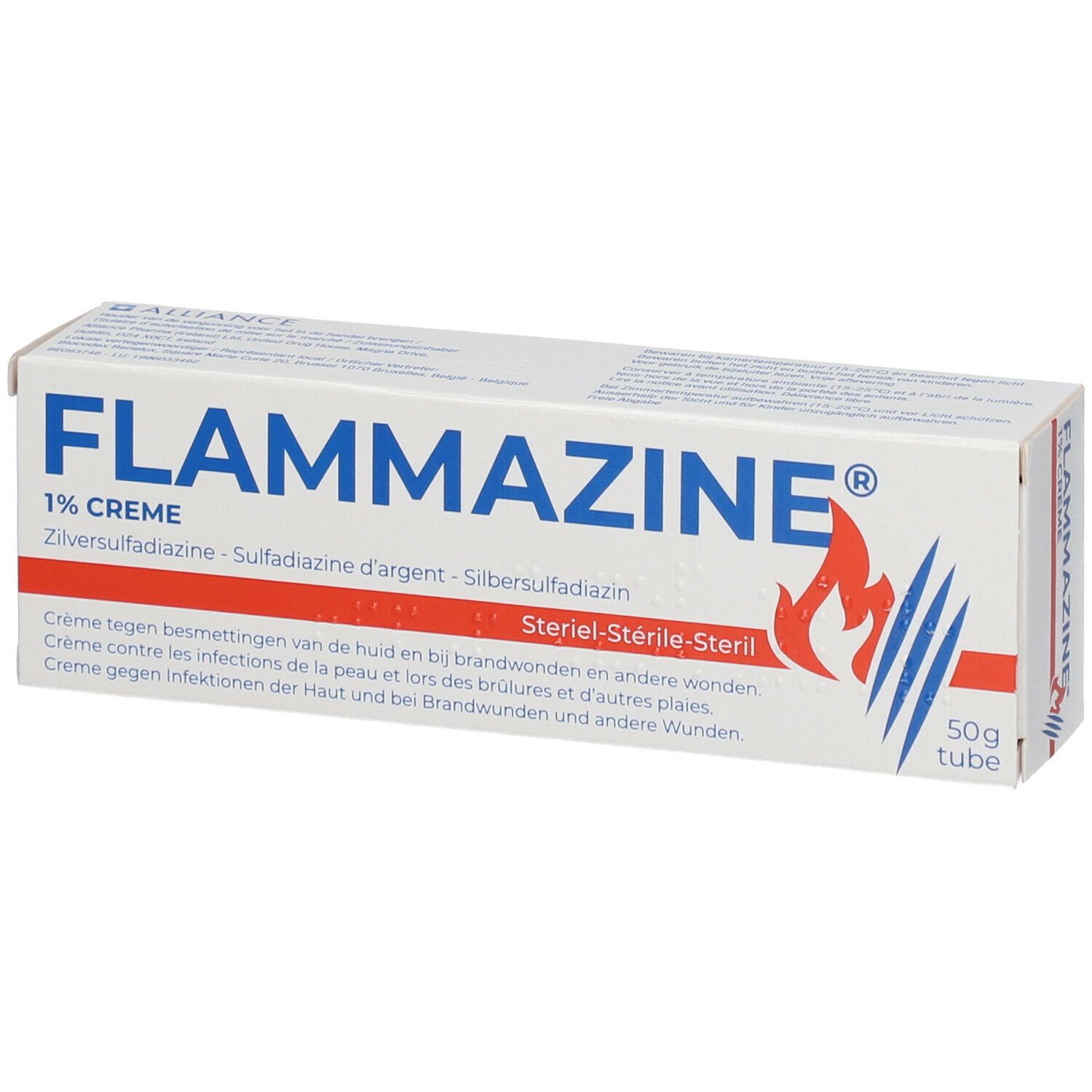 Doosje Flammazine crème. Opschrift: 1% crème, zilver sulfadiazine. Vlammenlogo. 50g tube.