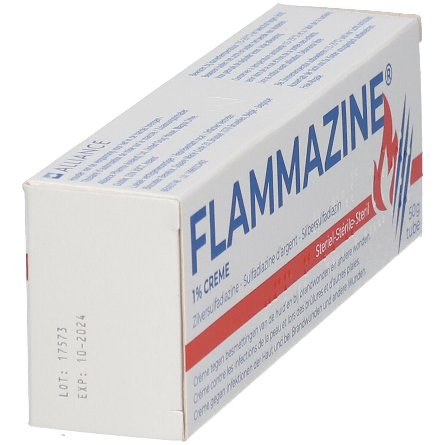 Schuin geplaatst doosje Flammazine. Opschrift: 1% crème, zilver sulfadiazine. Vlammenlogo. Houdbaar tot 10-2024.