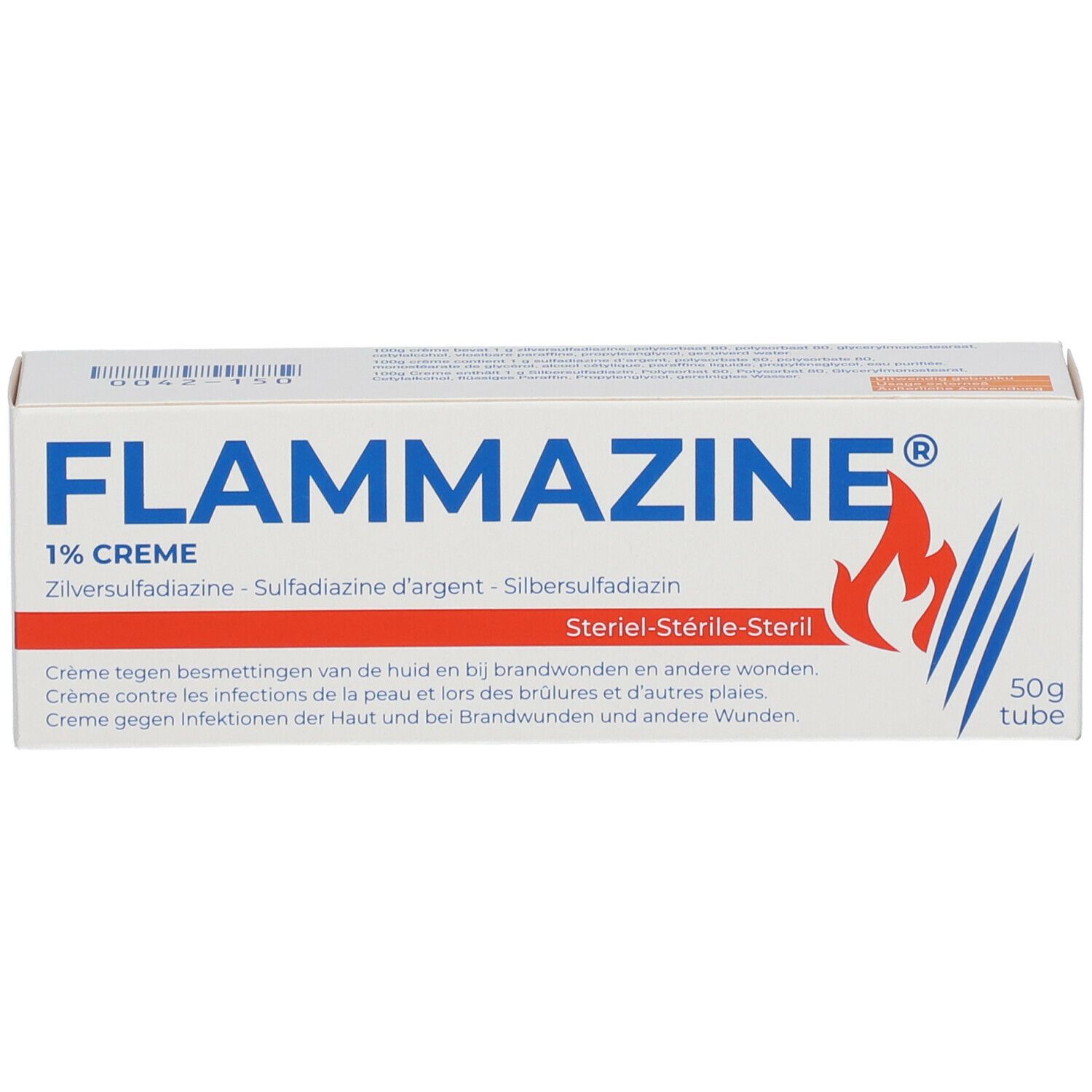 Doosje Flammazine crème. Opschrift: 1% crème, zilver sulfadiazine. Vlammenlogo. 50g tube.