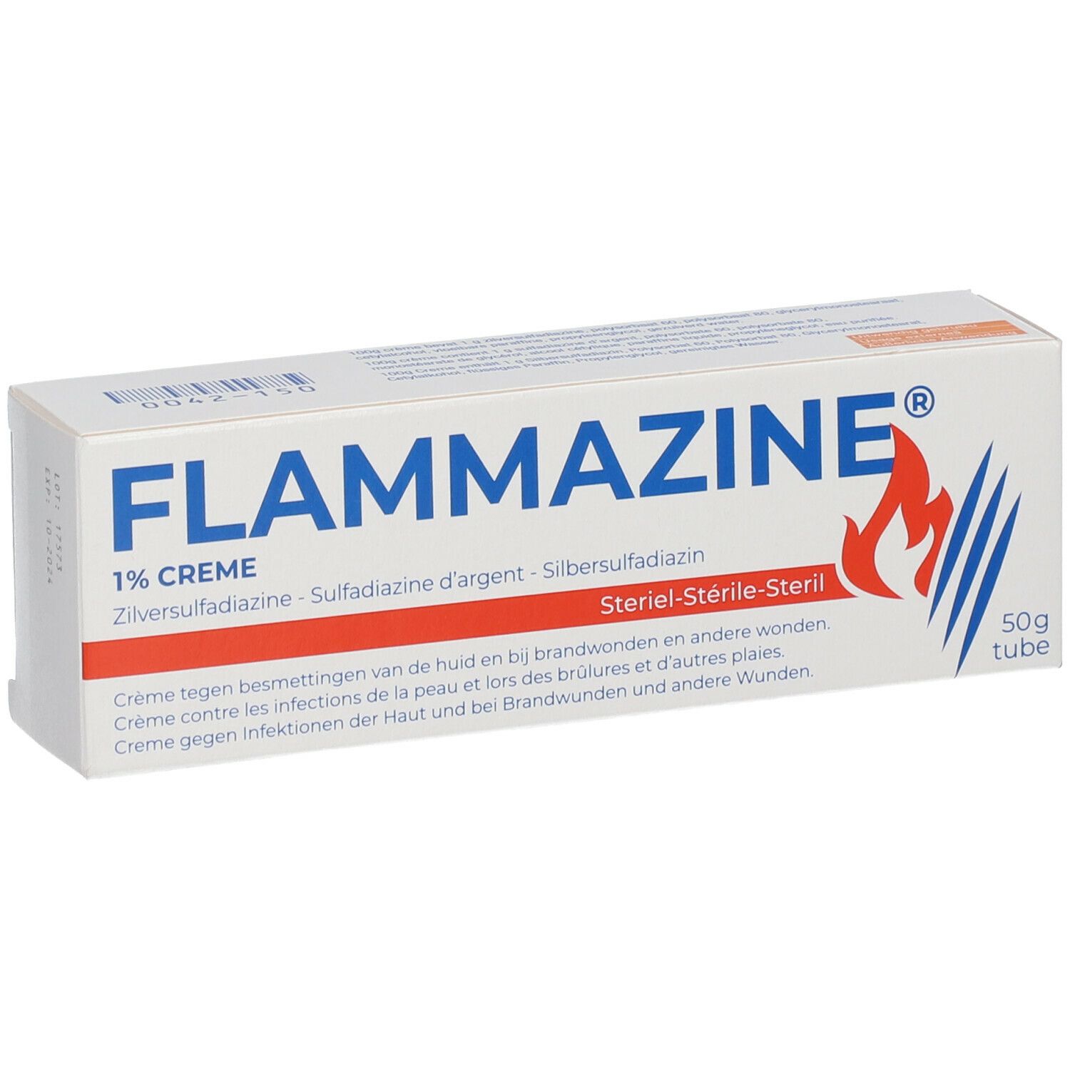 Doosje Flammazine crème. Opschrift: 1% crème, zilver sulfadiazine. Vlammenlogo. 50g tube.