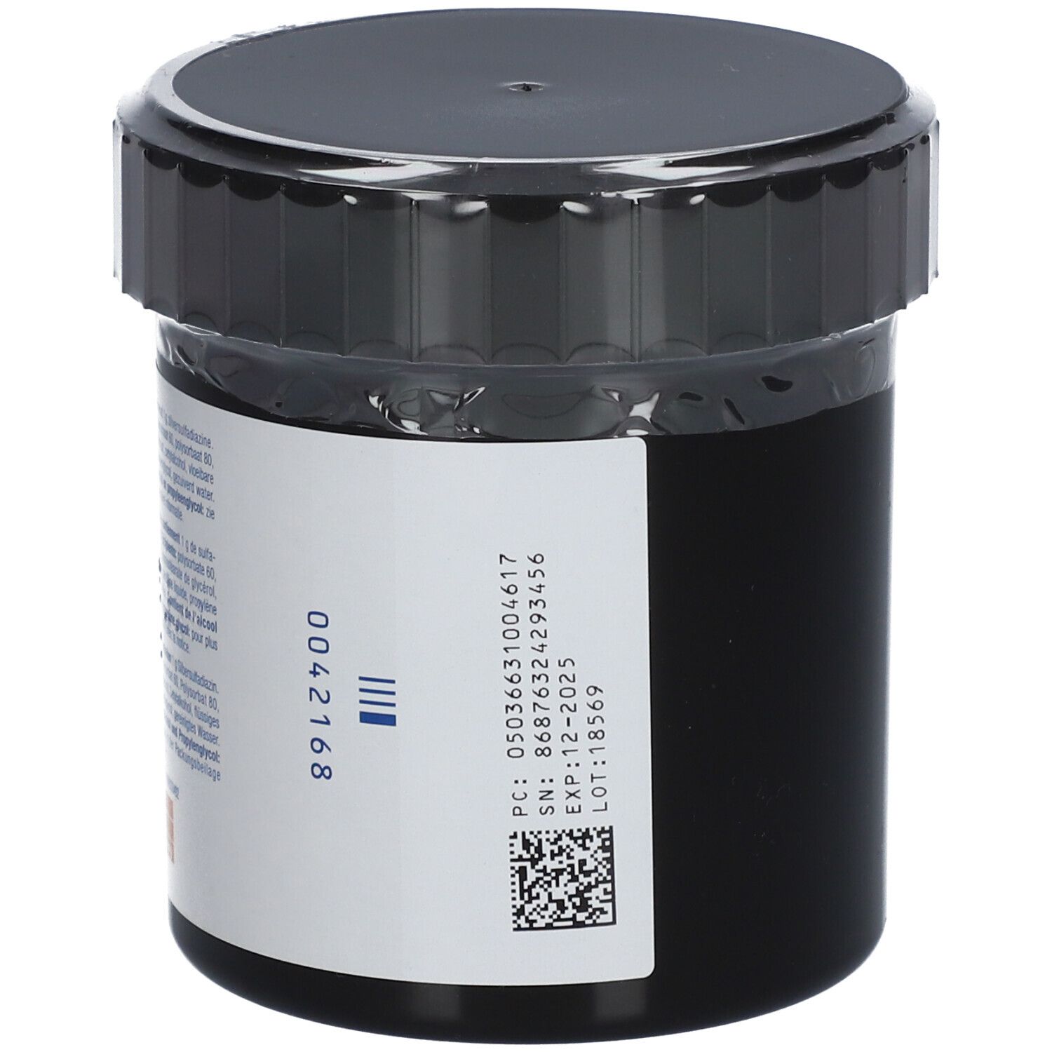 Zwarte pot met deksel. Etiket met productinformatie, barcode en lotnummer.