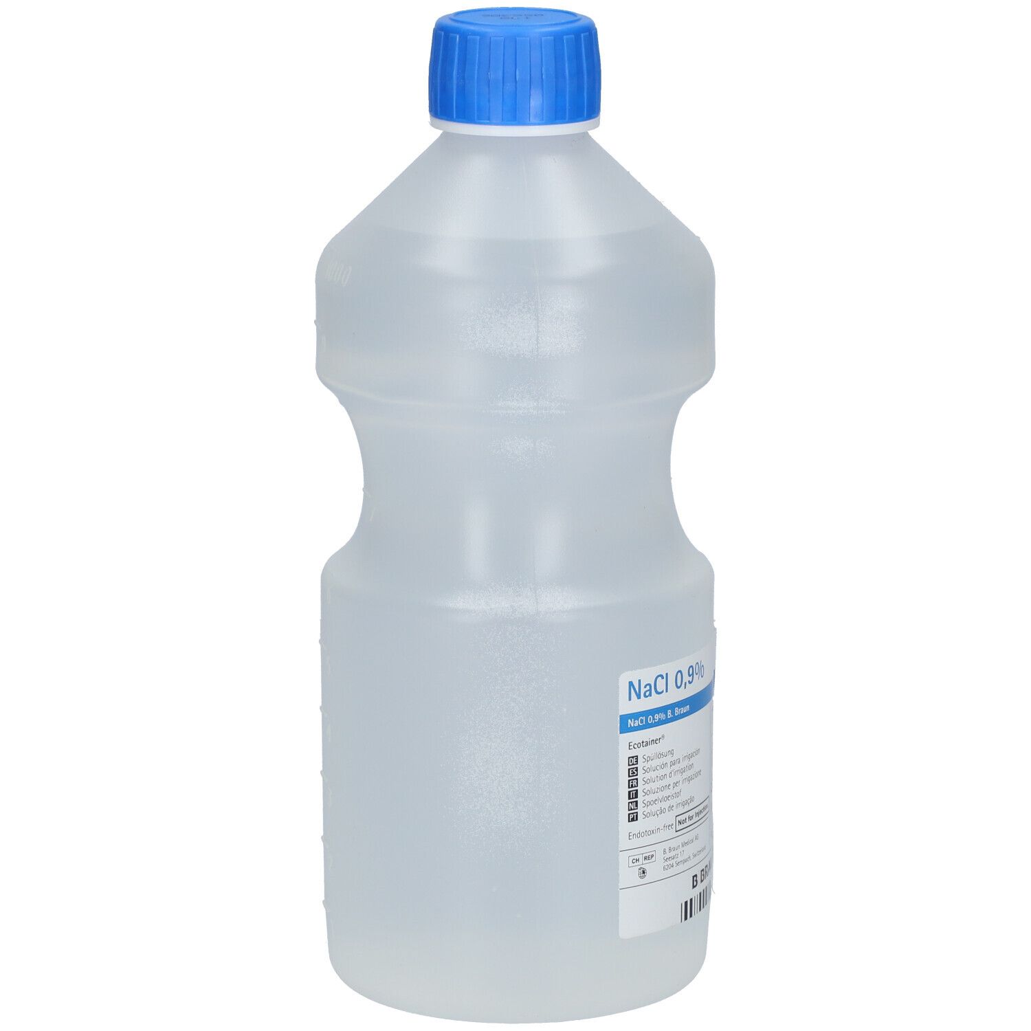 Transparente Flasche mit blauem Verschluss. Beschriftung mit NaCl 0,9% Lösung. Produktinformationen und B. Braun Logo.