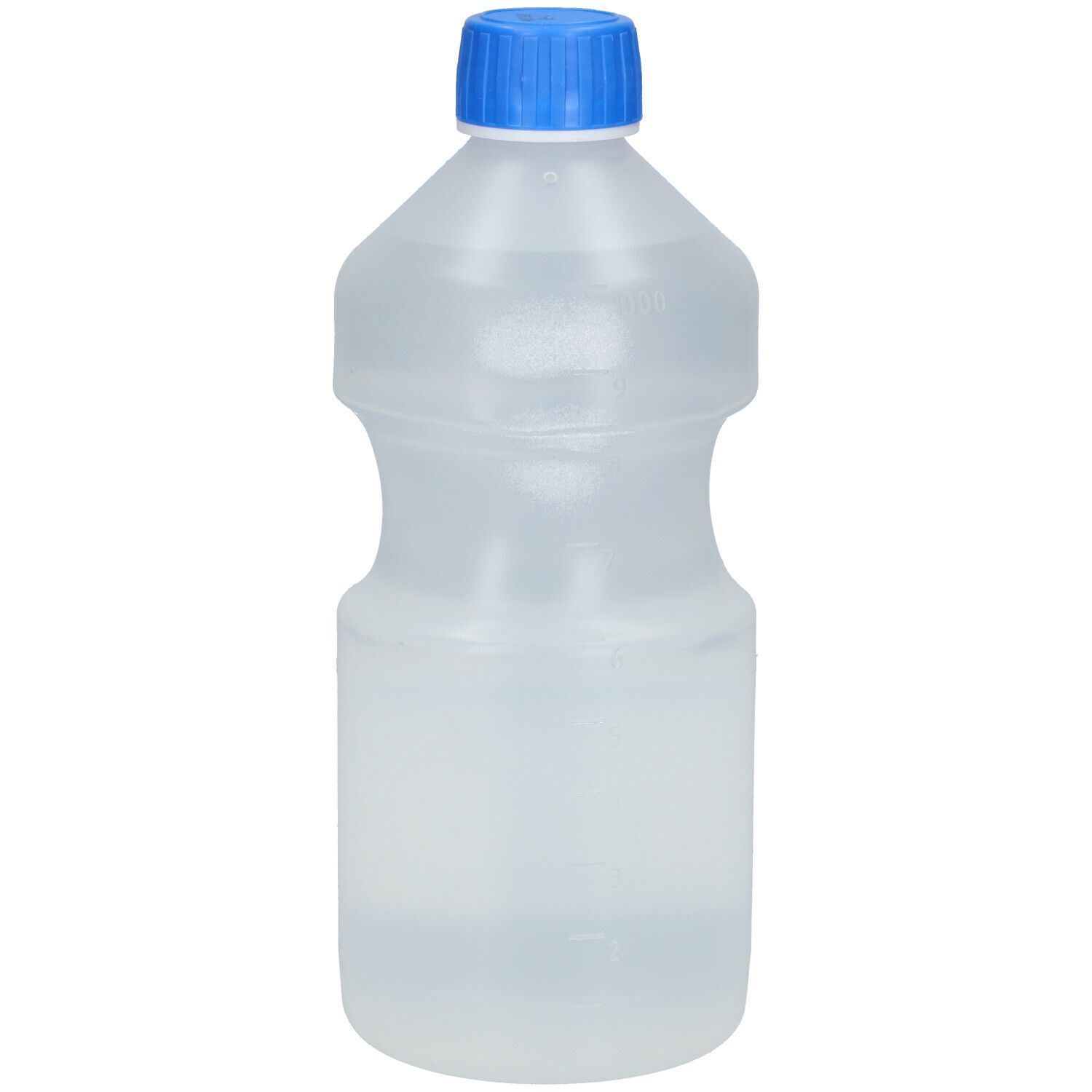 Transparente Flasche mit blauem Verschluss. NaCl 0,9% Lösung. Flaschenform mit taillierter Mitte. Keine weitere Beschriftung sichtbar.
