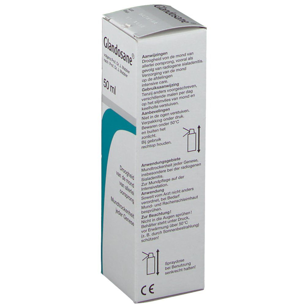 Boîte de Glandosane, vue détaillée avec instructions. Texte: 50 ml, Droogheid van de mond van allerlei oorsprong.
