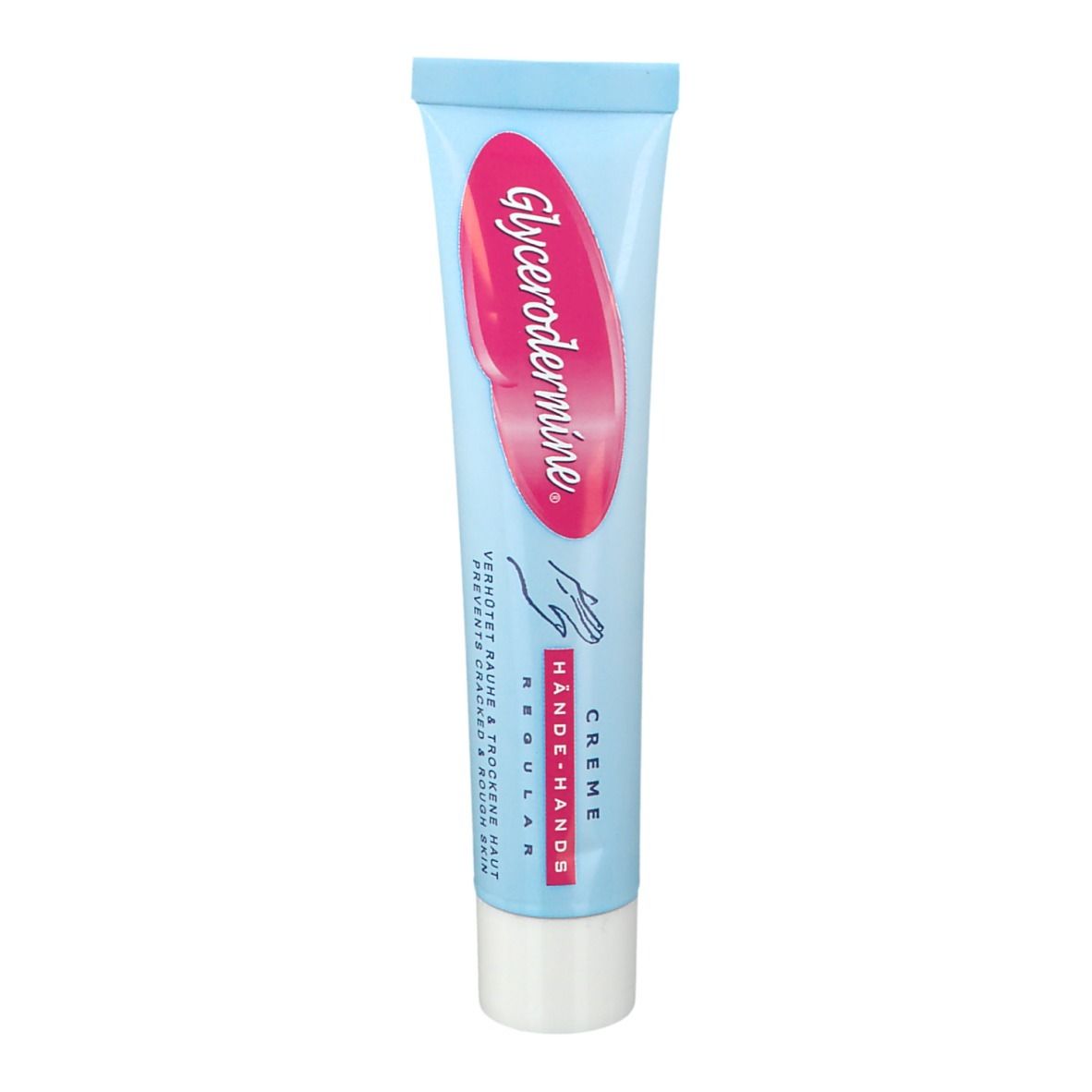 Tube bleu clair avec étiquette rose. Inscription: Glycerodermine Crème Mains. Illustration de main.