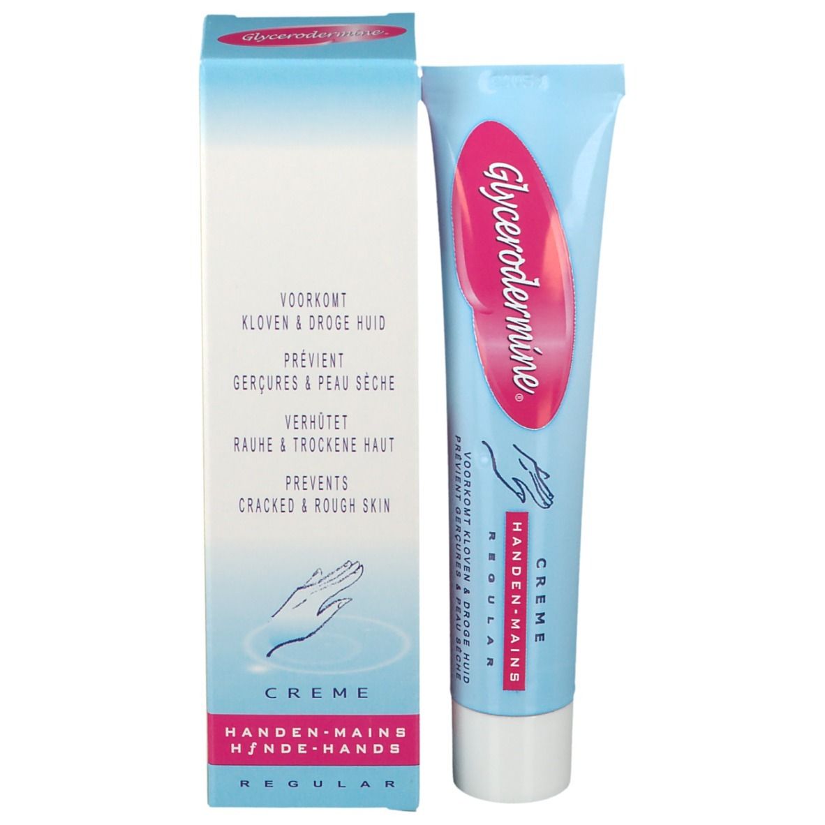 Emballage du produit avec tube. Inscription: Glycerodermine Crème Mains. Boîte avec informations.
