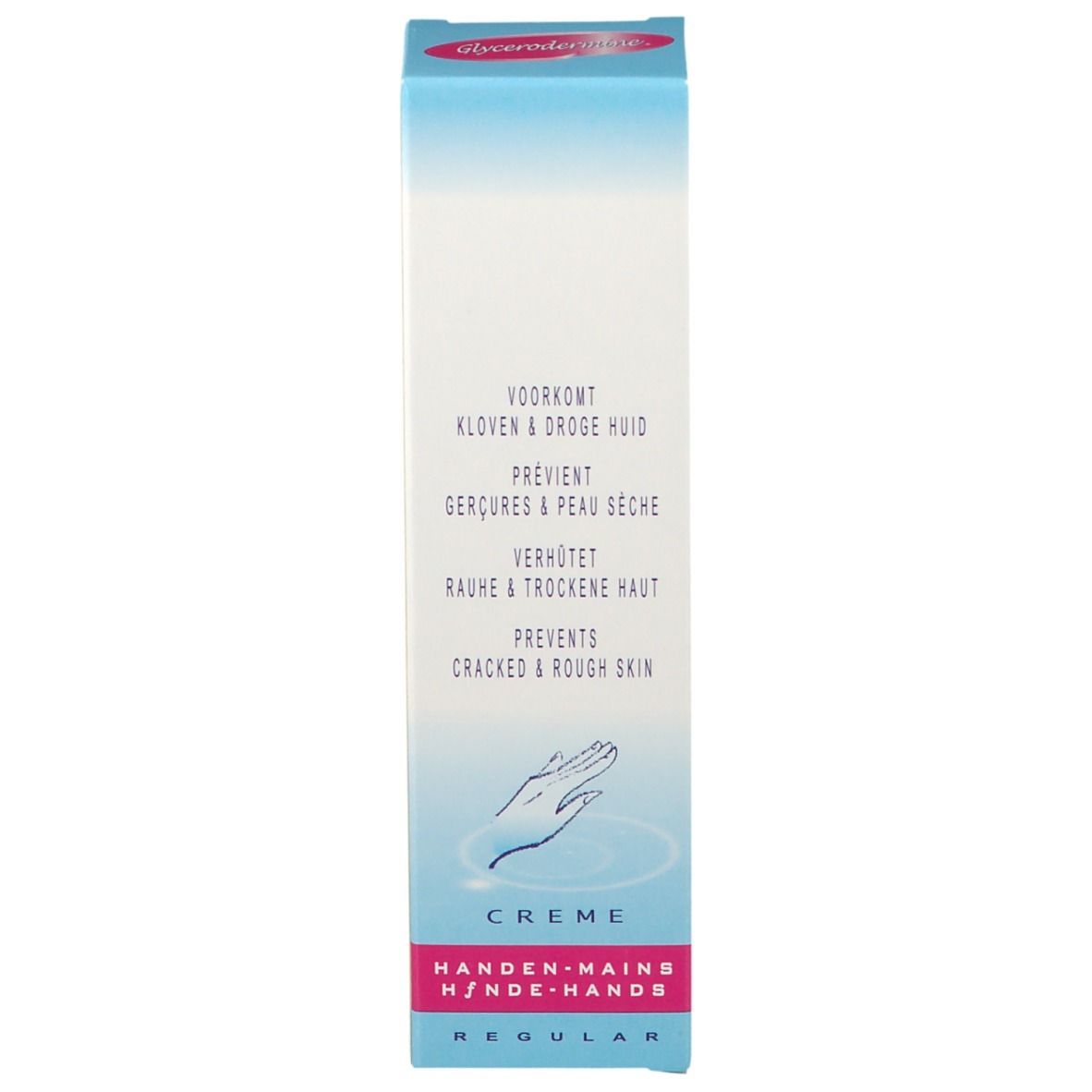 Emballage du produit, bleu clair avec accents roses. Inscription: Glycerodermine Crème Mains. Texte multilingue.