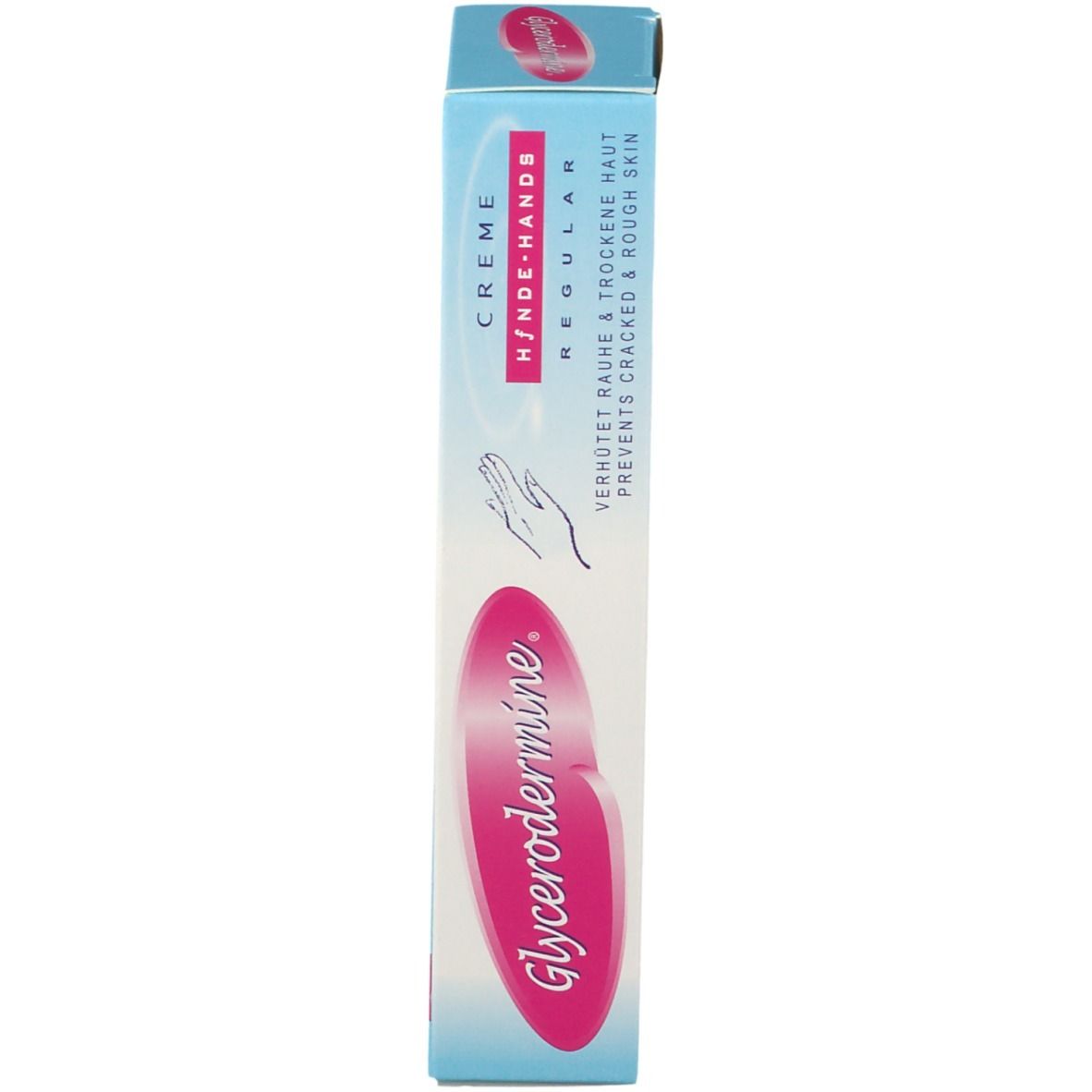 Emballage du produit, bleu clair avec accents roses. Inscription: Glycerodermine Crème Mains. Illustration de main.