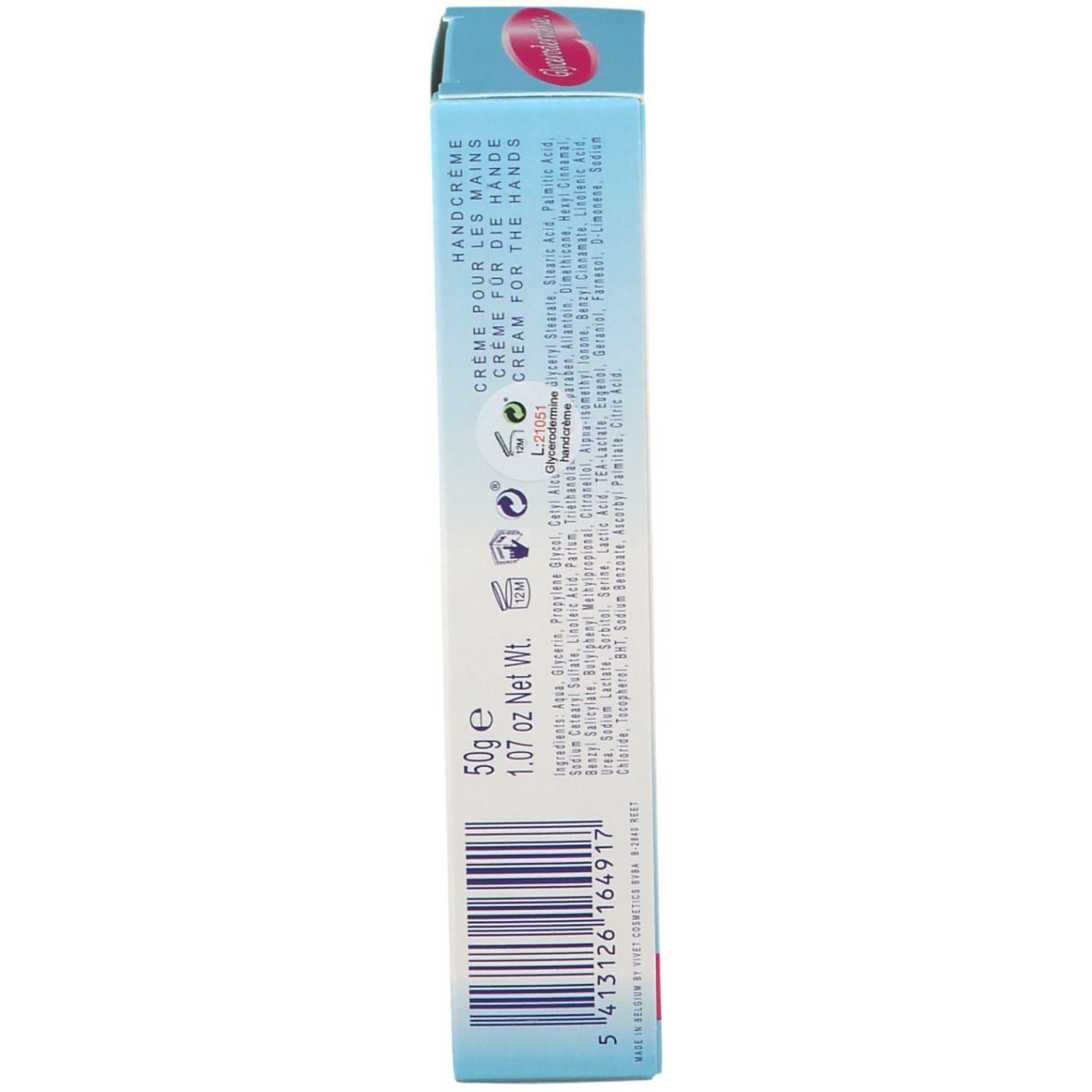 Emballage du produit, dos. Inscription: Glycerodermine Crème Mains. Ingrédients et informations.