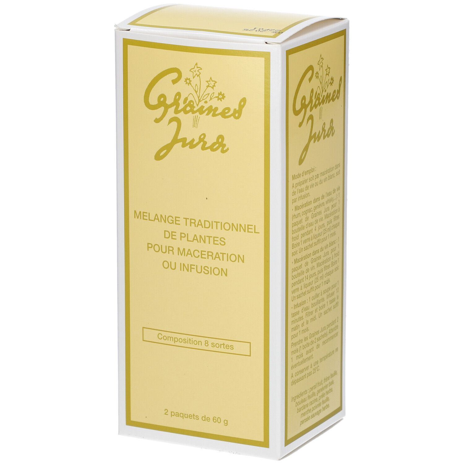 Boîte "Graines Jura". Mélange traditionnel de plantes pour macération ou infusion. Contient 2 sachets de 60 g.