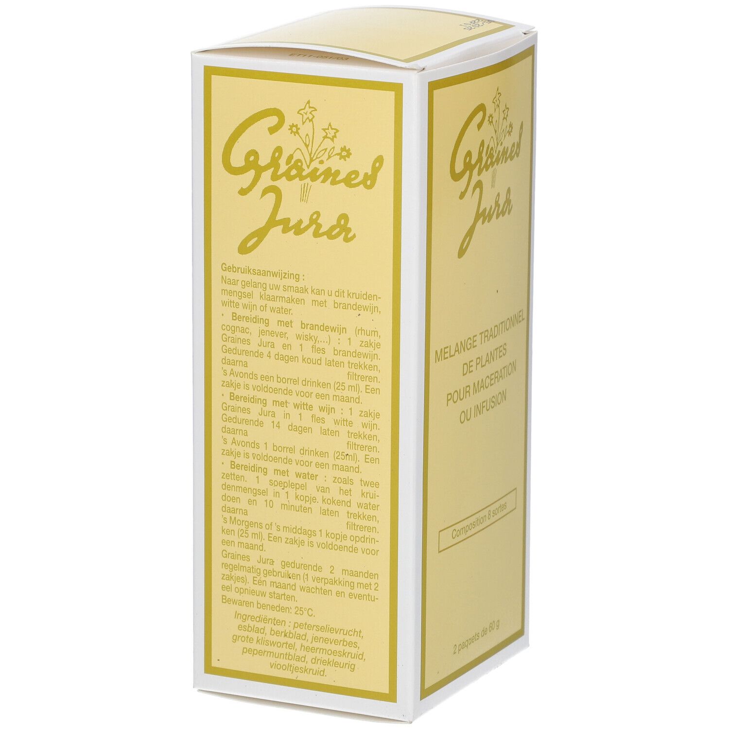 Boîte "Graines Jura". Mélange traditionnel de plantes pour macération ou infusion. 2 sachets de 60 g.
