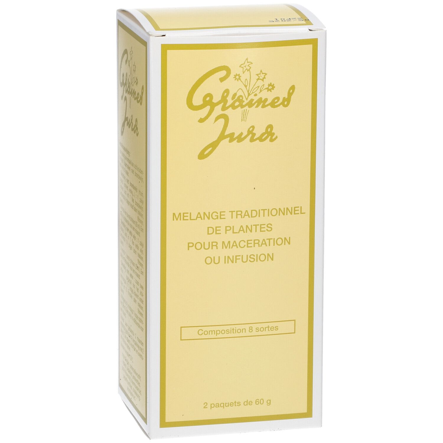 Boîte "Graines Jura". Mélange traditionnel de plantes pour macération ou infusion. 2 sachets de 60 g.