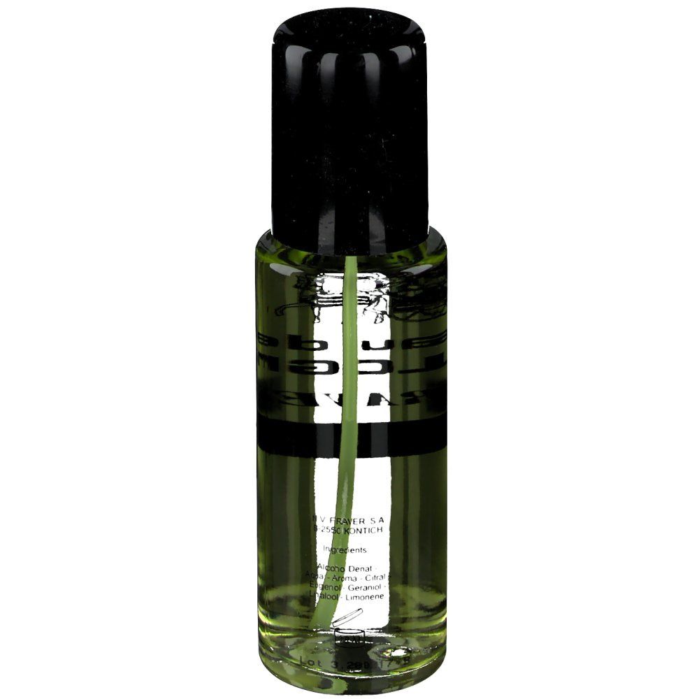 Deo Cologne Fraver Vapo Cap. Flacon cylindrique avec bouchon noir. Liquide vert visible. Vaporisateur. Texte: Fraver, Déodorant.