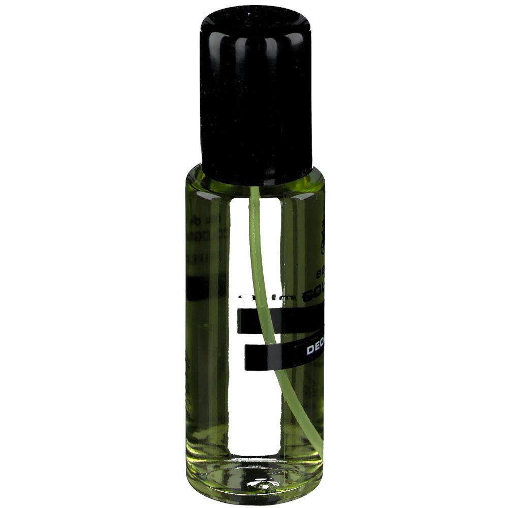 Deo Cologne Fraver Vapo Cap. Flacon cylindrique avec bouchon noir. Liquide vert visible. Vaporisateur. Texte: Fraver, Déodorant.