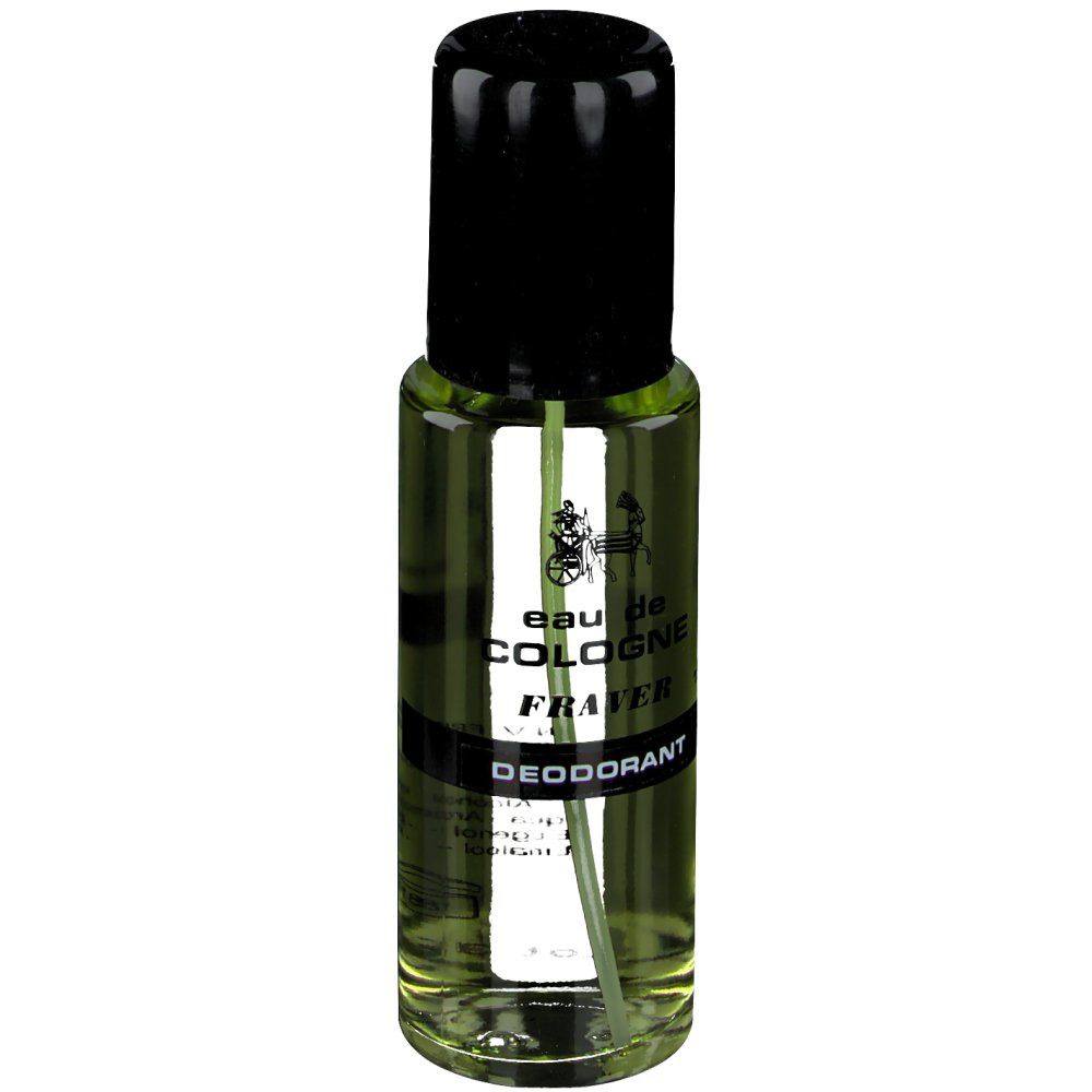 Deo Cologne Fraver Vapo Cap. Flacon cylindrique avec bouchon noir. Liquide vert visible. Texte: Eau de Cologne, Fraver, Déodorant.
