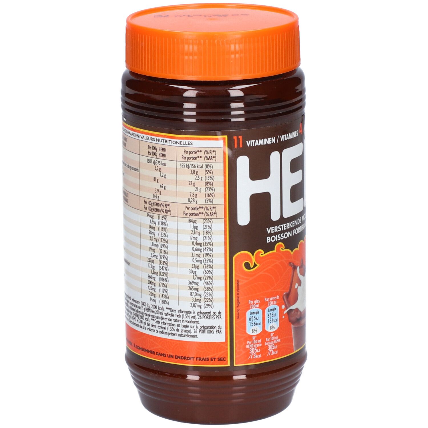 Boîte marron avec couvercle orange. Inscription HEMO, 11 vitamines. Informations nutritionnelles. Texte: Verstärkende moutdrank met cacao.