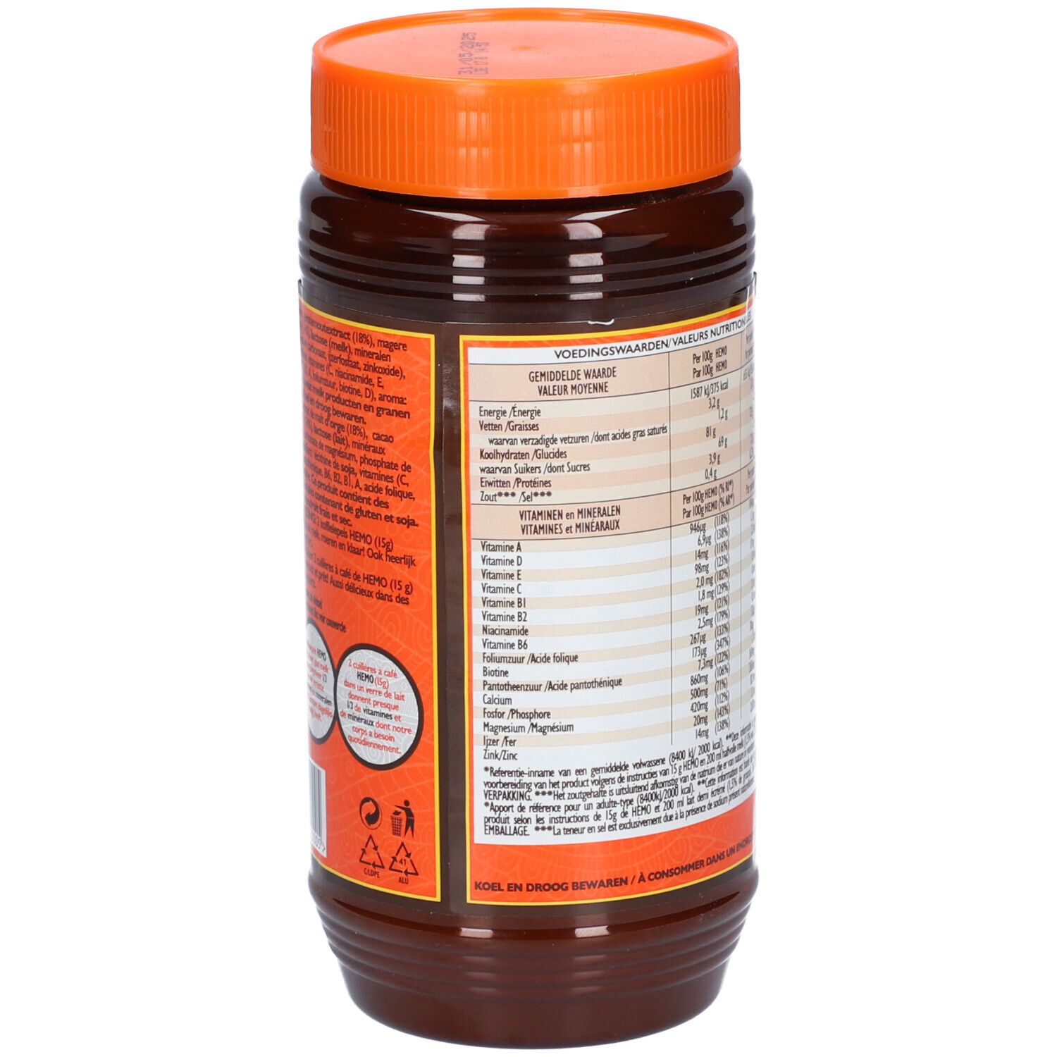 Dos d'une boîte marron avec couvercle orange. Informations nutritionnelles, liste des ingrédients, avertissements. Texte en néerlandais.