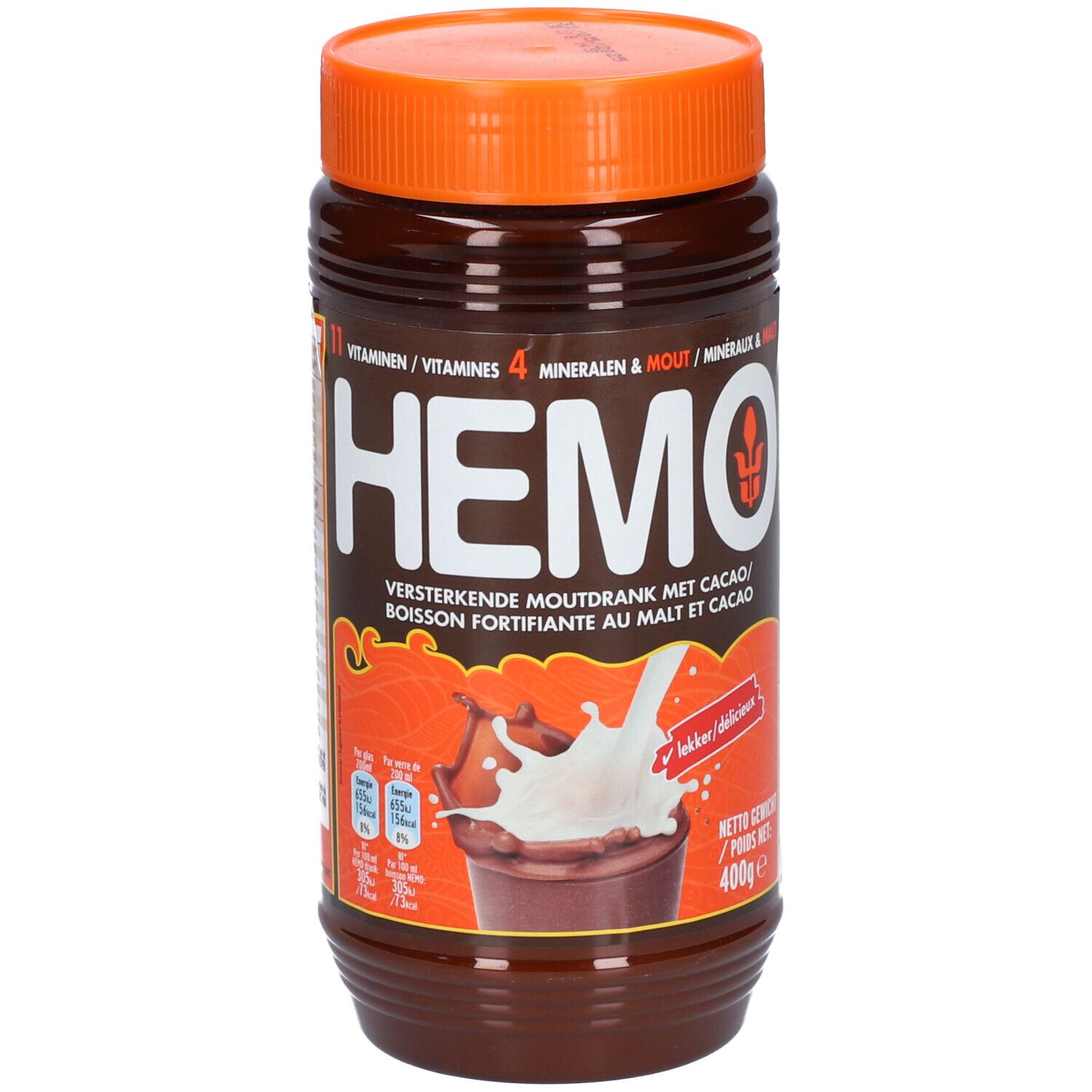 Boîte marron avec couvercle orange. Inscription HEMO, 4 minéraux & MOUT, image de cacao. Texte: Verstärkende moutdrank met cacao.