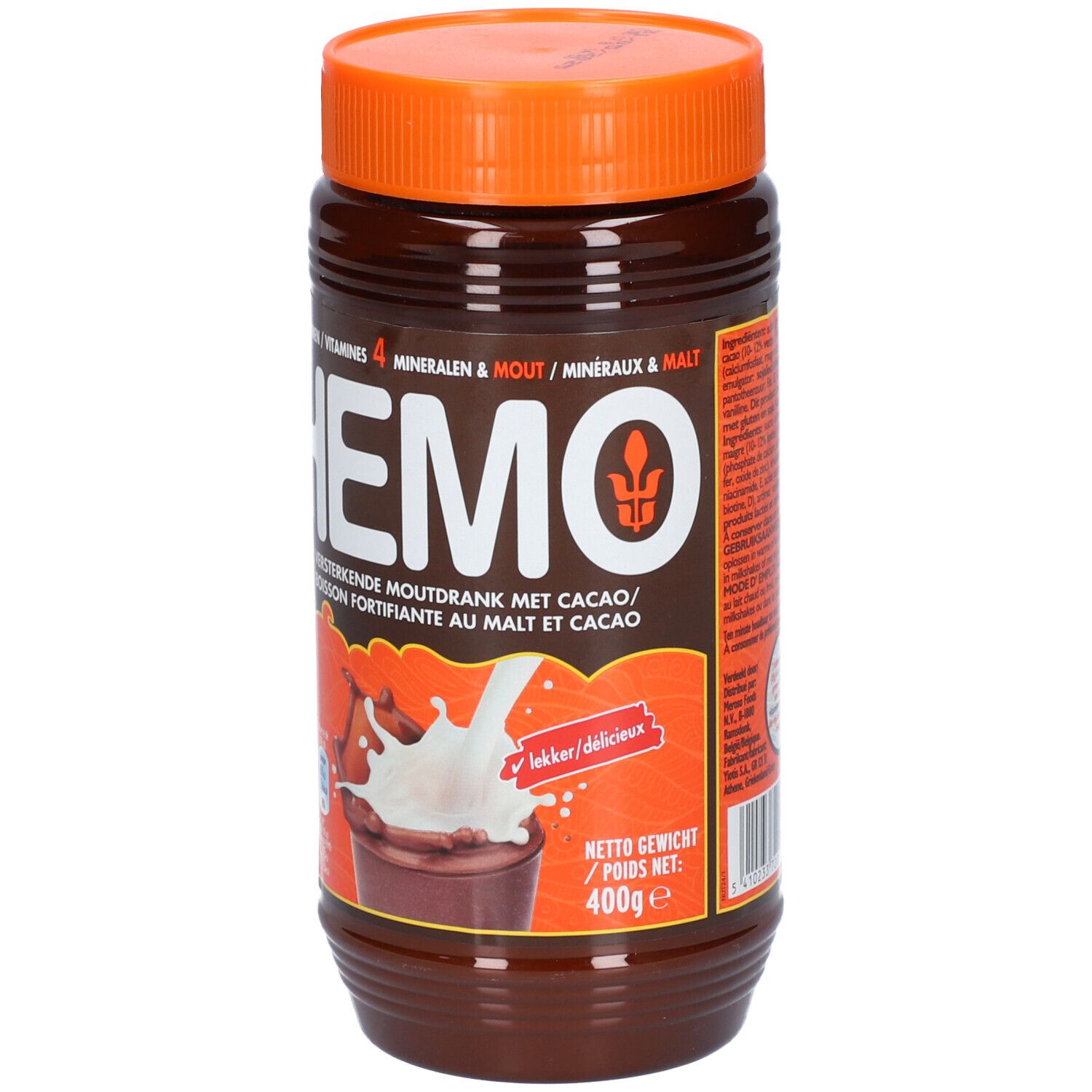 Boîte marron avec couvercle orange. Inscription HEMO, 4 minéraux & MOUT, image de cacao. Texte: Verstärkende moutdrank met cacao.