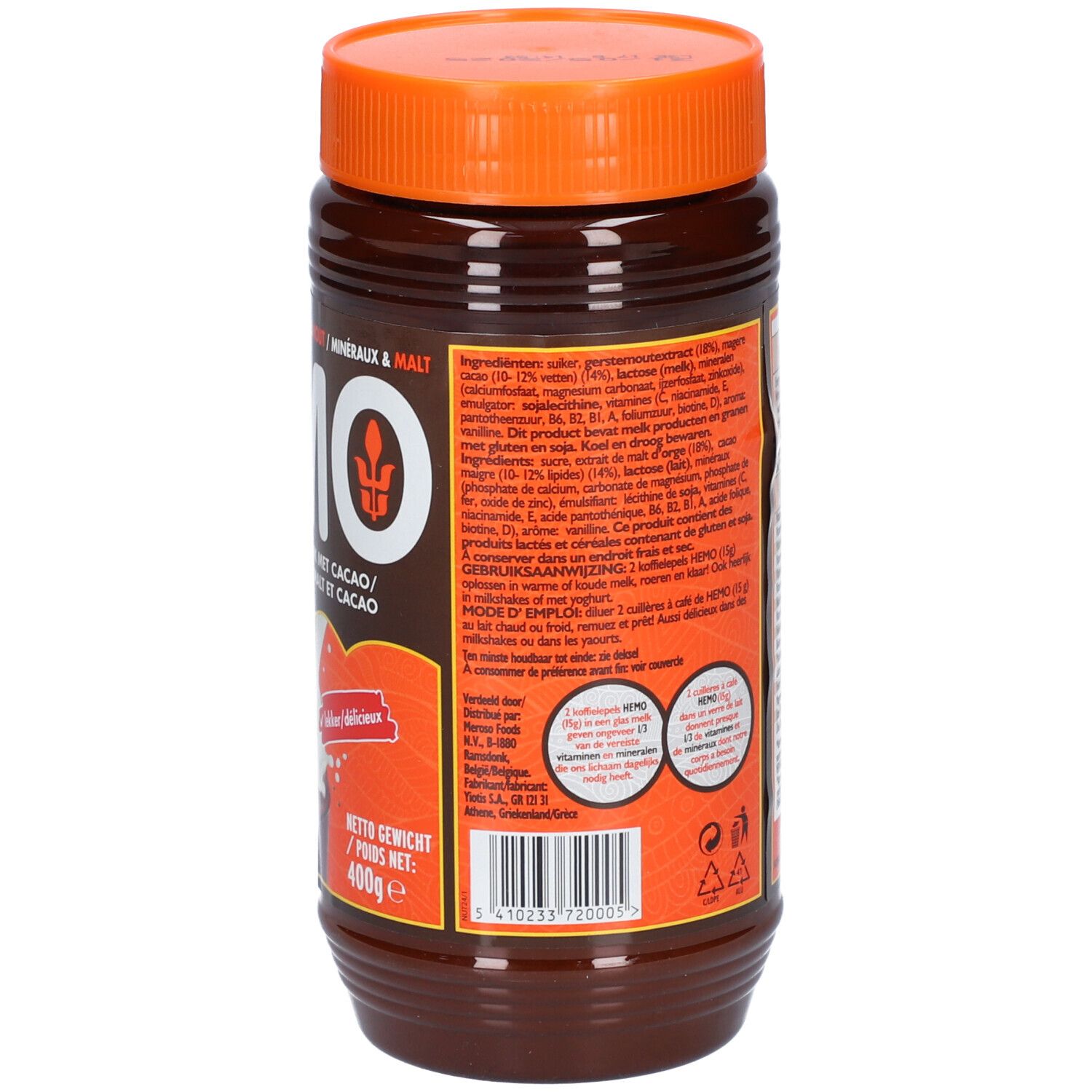 Dos d'une boîte marron avec couvercle orange. Liste des ingrédients, avertissements, code-barres. Texte en néerlandais.
