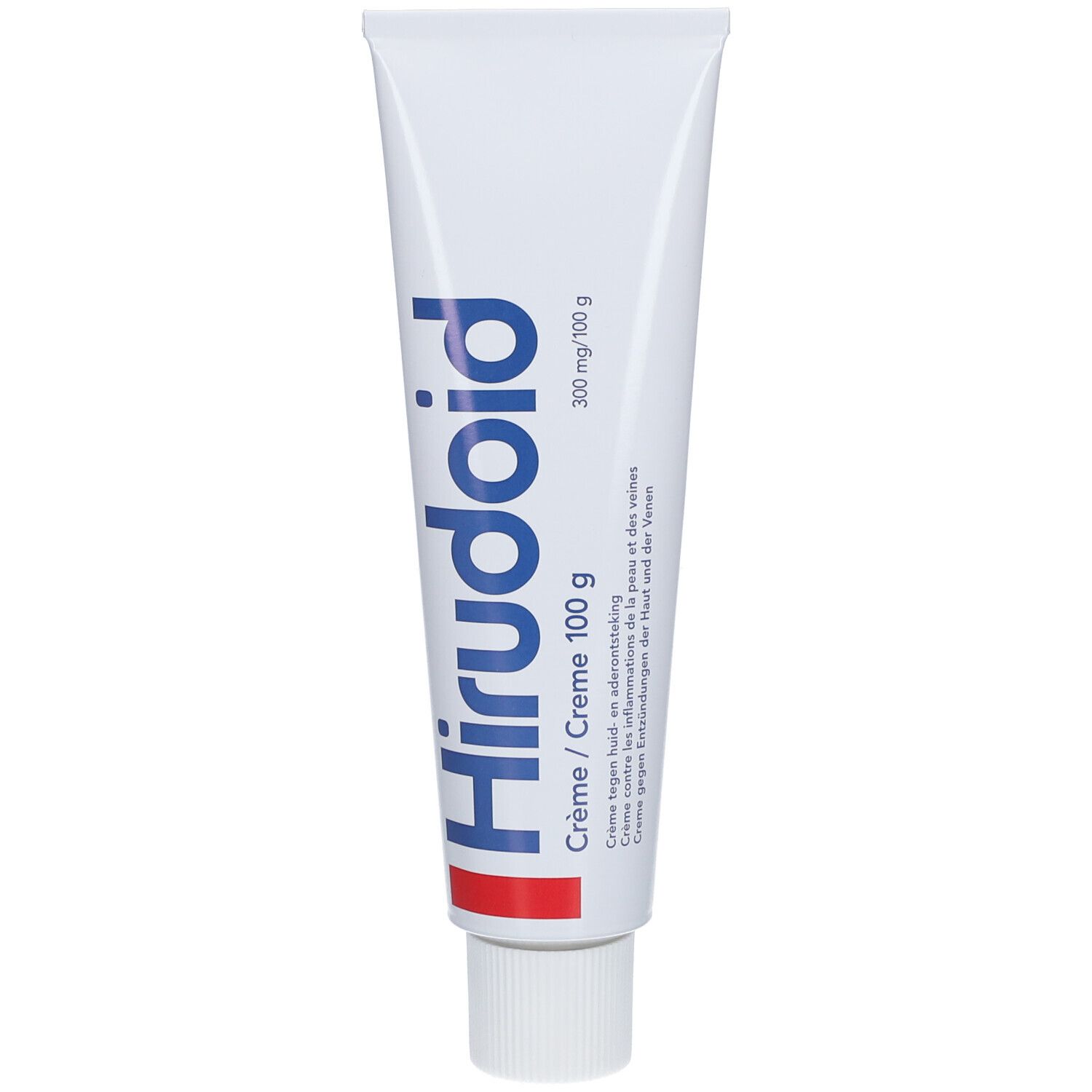 Crèmetube met blauwe tekst Hirudoid. Bevat 300 mg/100 g crème. Rode streep onderaan. Witte dop.