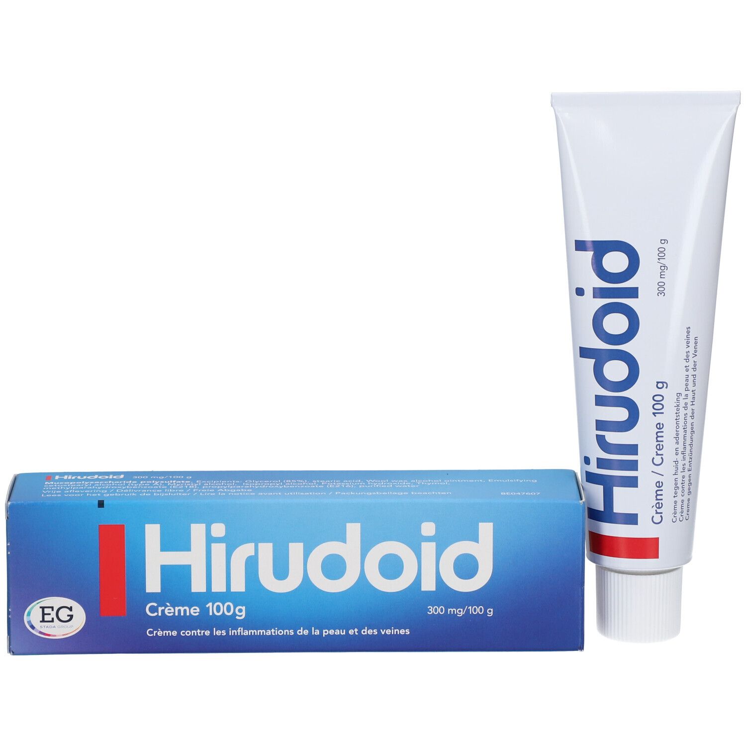 Crèmetube en doos. Doos blauw met witte tekst Hirudoid. Tube wit met blauwe tekst.