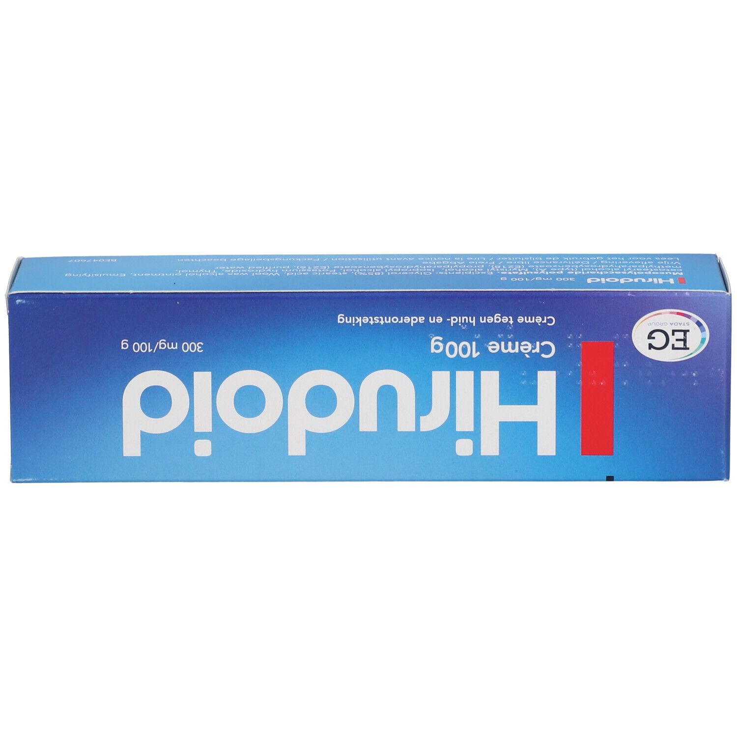 Blauwe doos met witte tekst Hirudoid. Bevat 100g crème. Tekst in het Duits en Nederlands.
