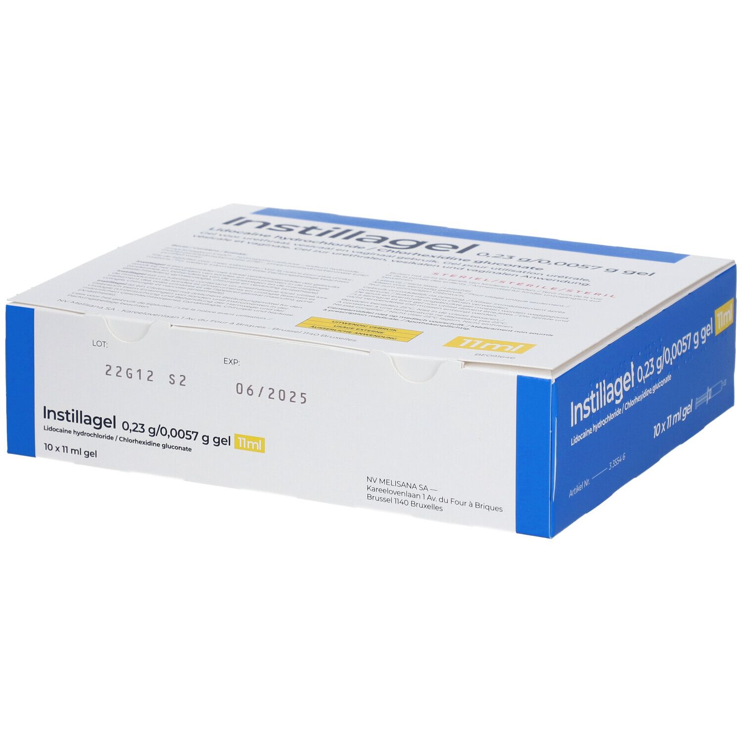 Instillagel-verpakking. Blauw-witte doos met productnaam en informatie. Bevat 10 x 11 ml gel. Houdbaarheidsdatum 06/2025.