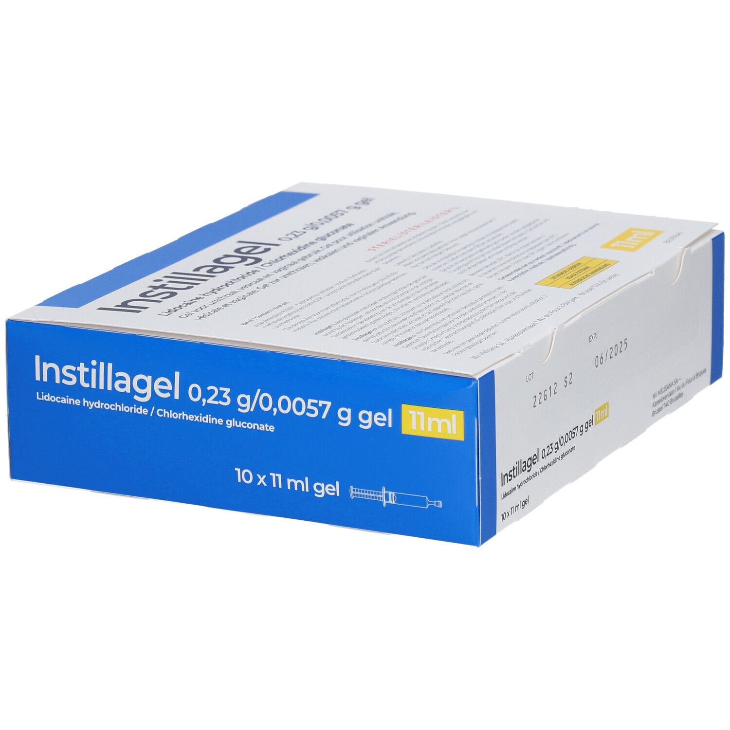 Instillagel-verpakking. Blauw-witte doos met productnaam en informatie. Bevat 10 x 11 ml gel.