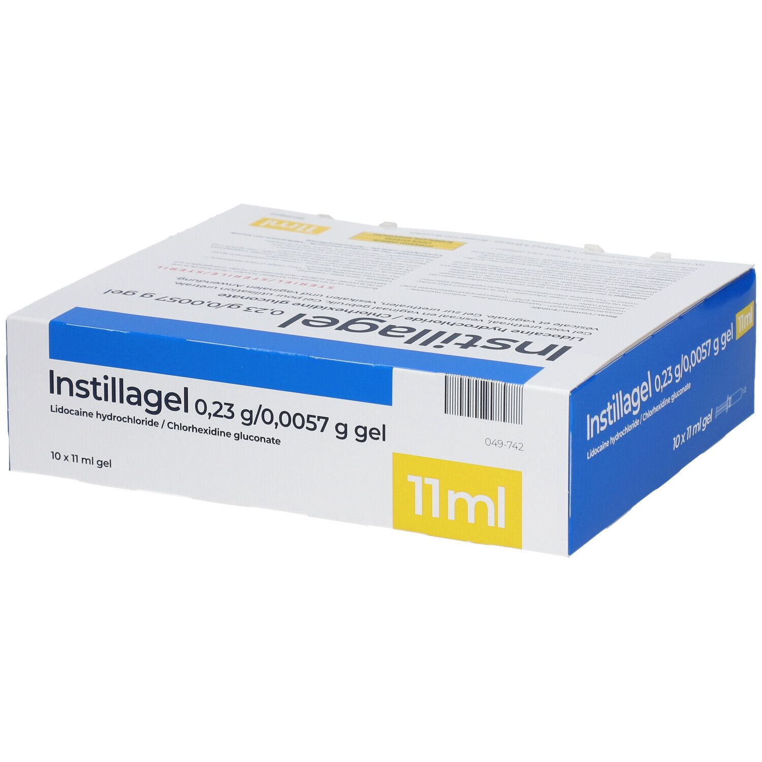 Instillagel-verpakking. Blauw-witte doos met productnaam en informatie. Bevat 10 x 11 ml gel.