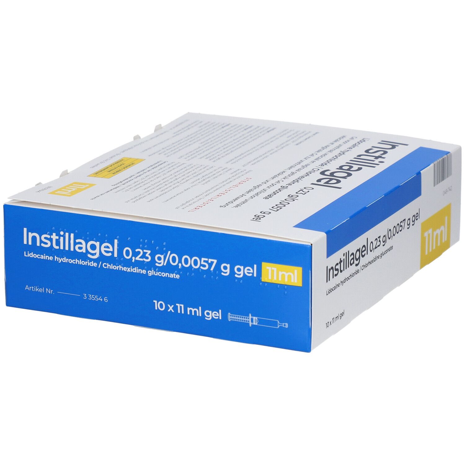 Instillagel-verpakking. Blauw-witte doos met productnaam en informatie. Bevat 10 x 11 ml gel.