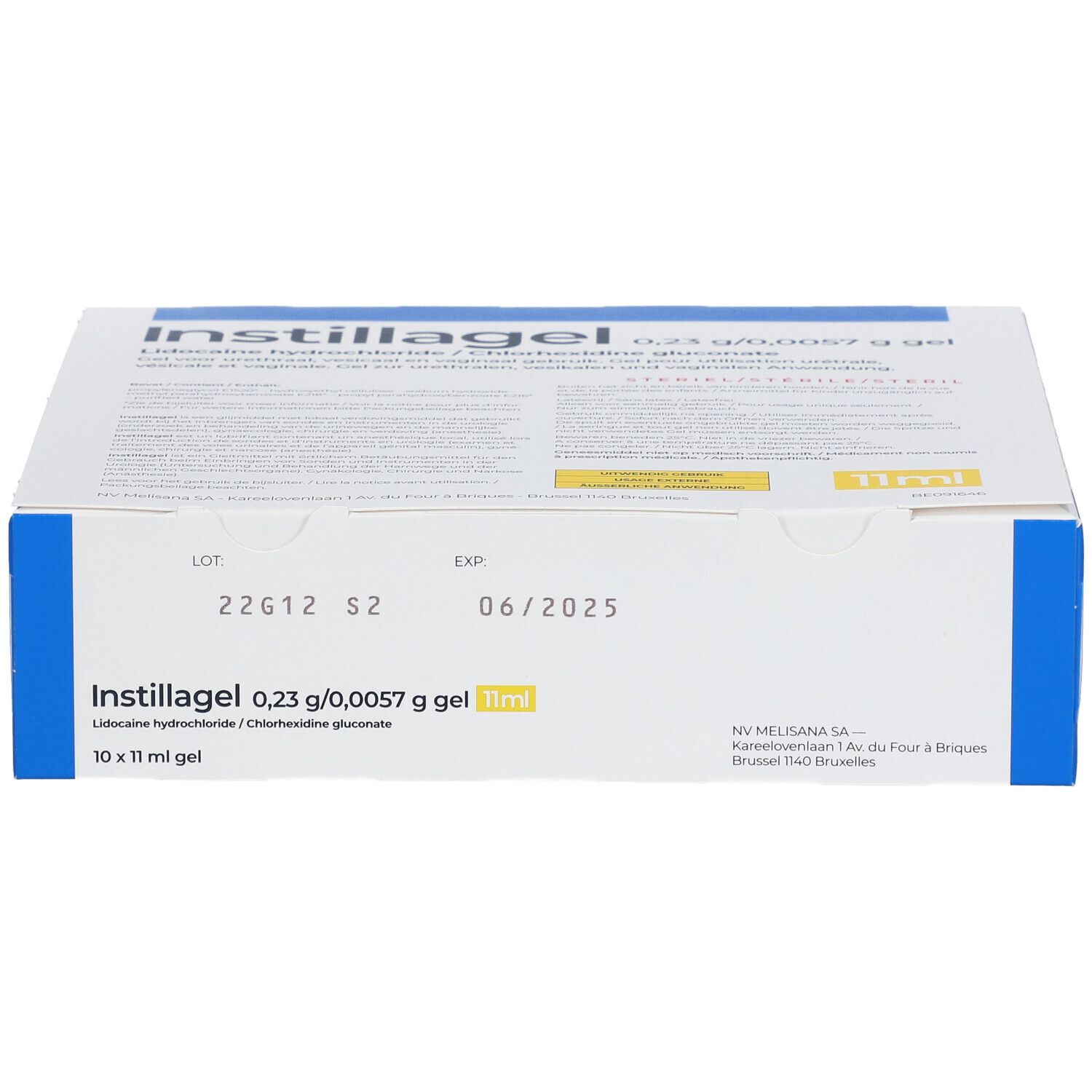 Instillagel-verpakking. Blauw-witte doos met productnaam en informatie. Bevat 10 x 11 ml gel. Houdbaarheidsdatum 06/2025.
