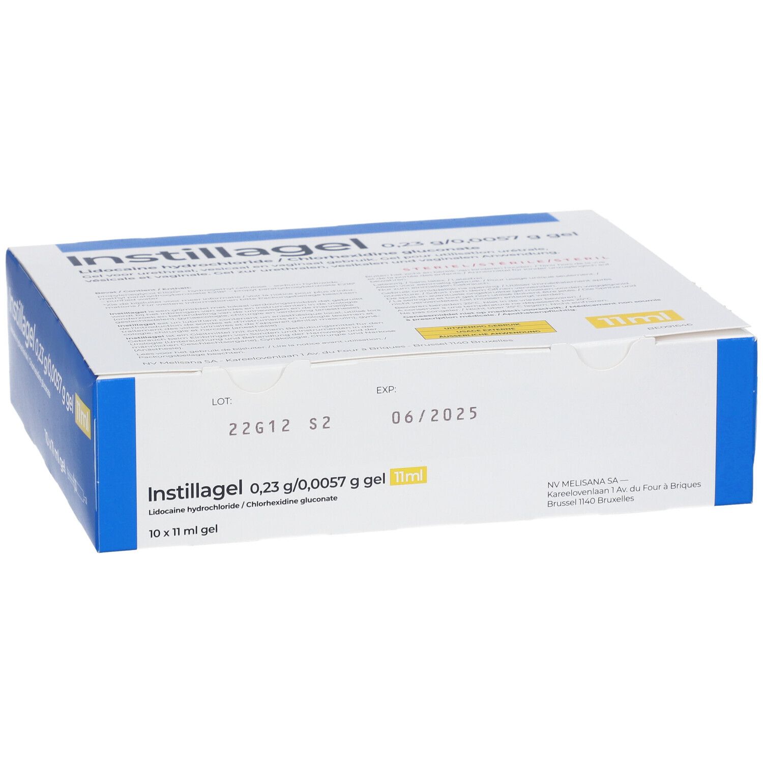 Instillagel-verpakking. Blauw-witte doos met productnaam en informatie. Bevat 10 x 11 ml gel. Houdbaarheidsdatum 06/2025.