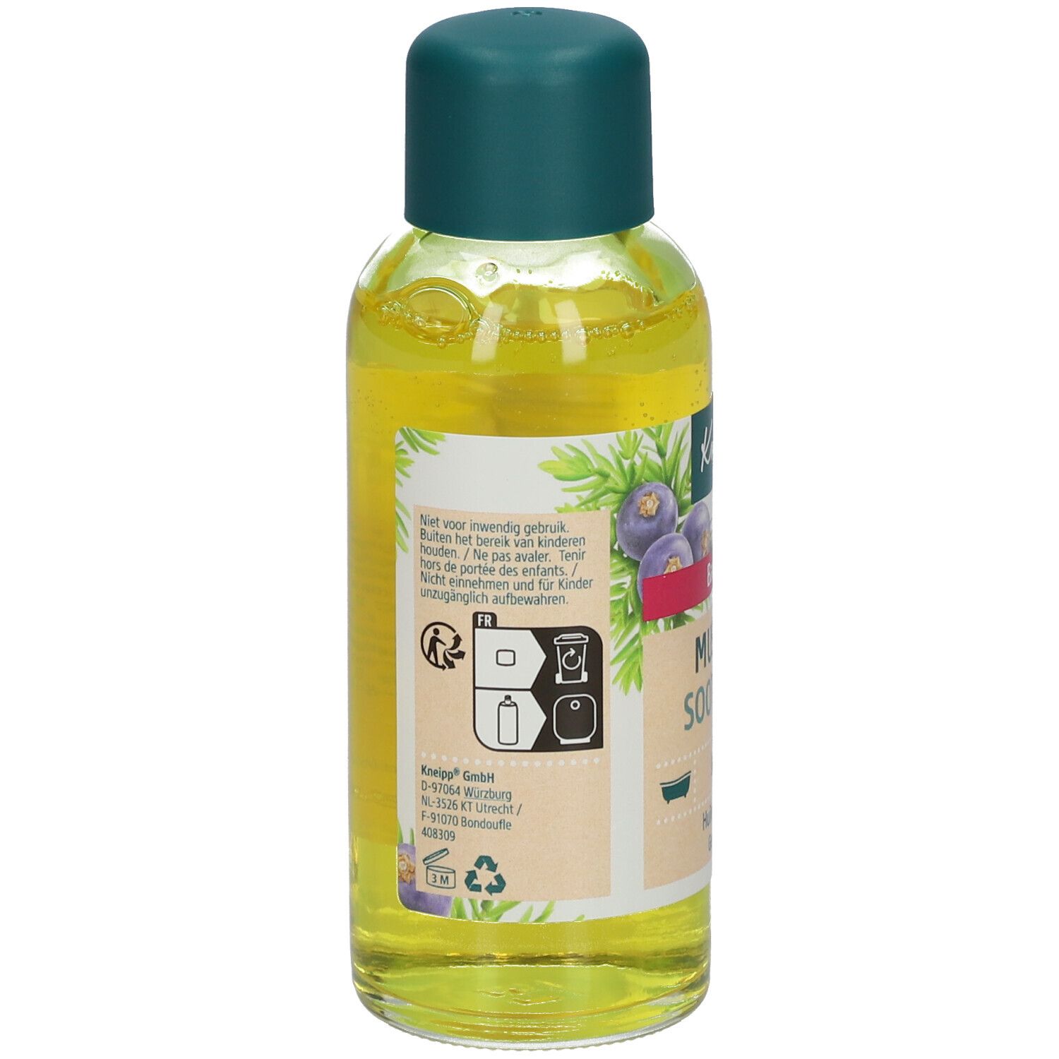 Achterkant van de Kneipp badoliefles. Gele vloeistof, groene dop. Pictogrammen en tekst.
